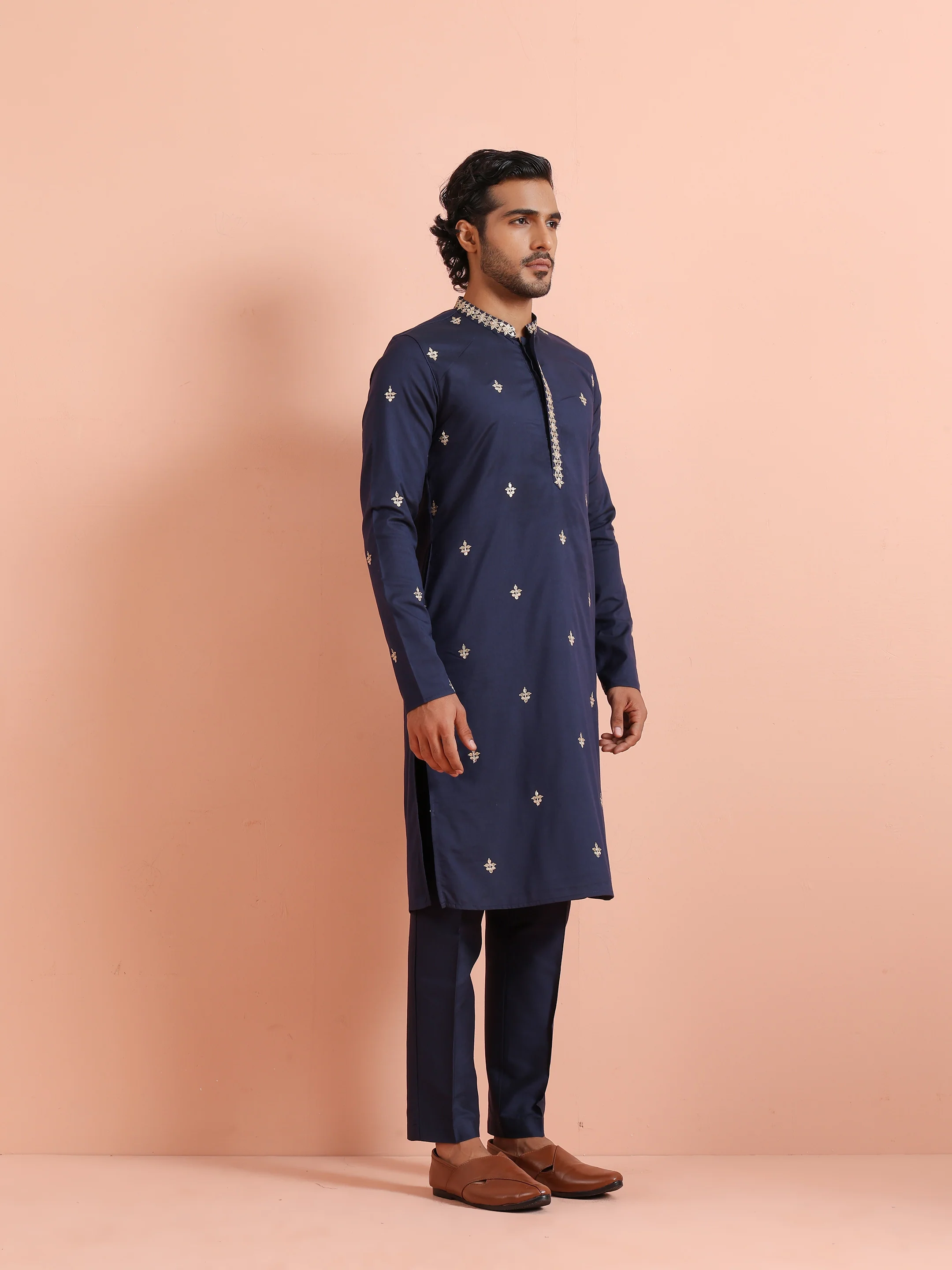 Navy Kurta with Delicate Embroidery - Image 3