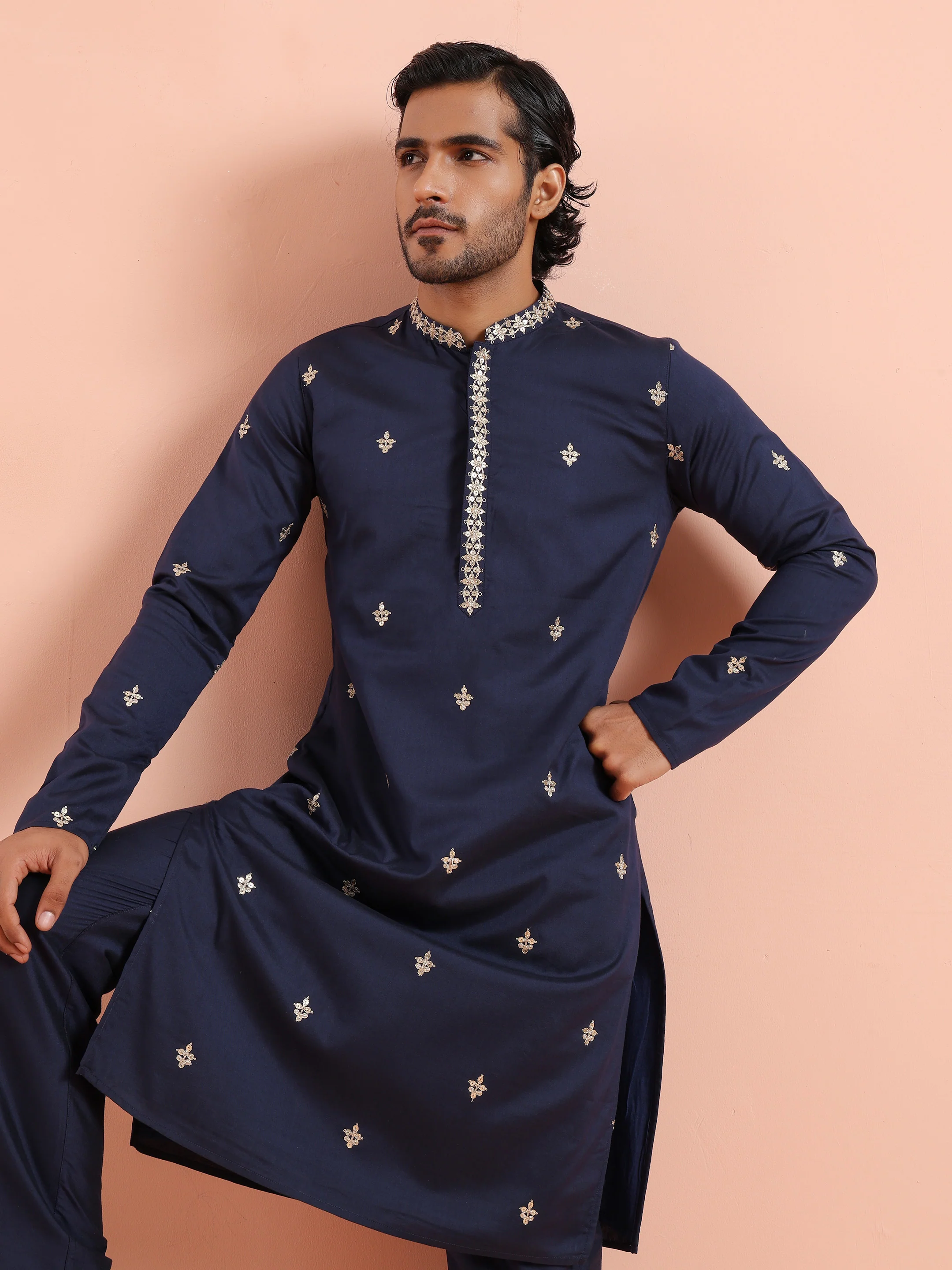 Navy Kurta with Delicate Embroidery - Image 7