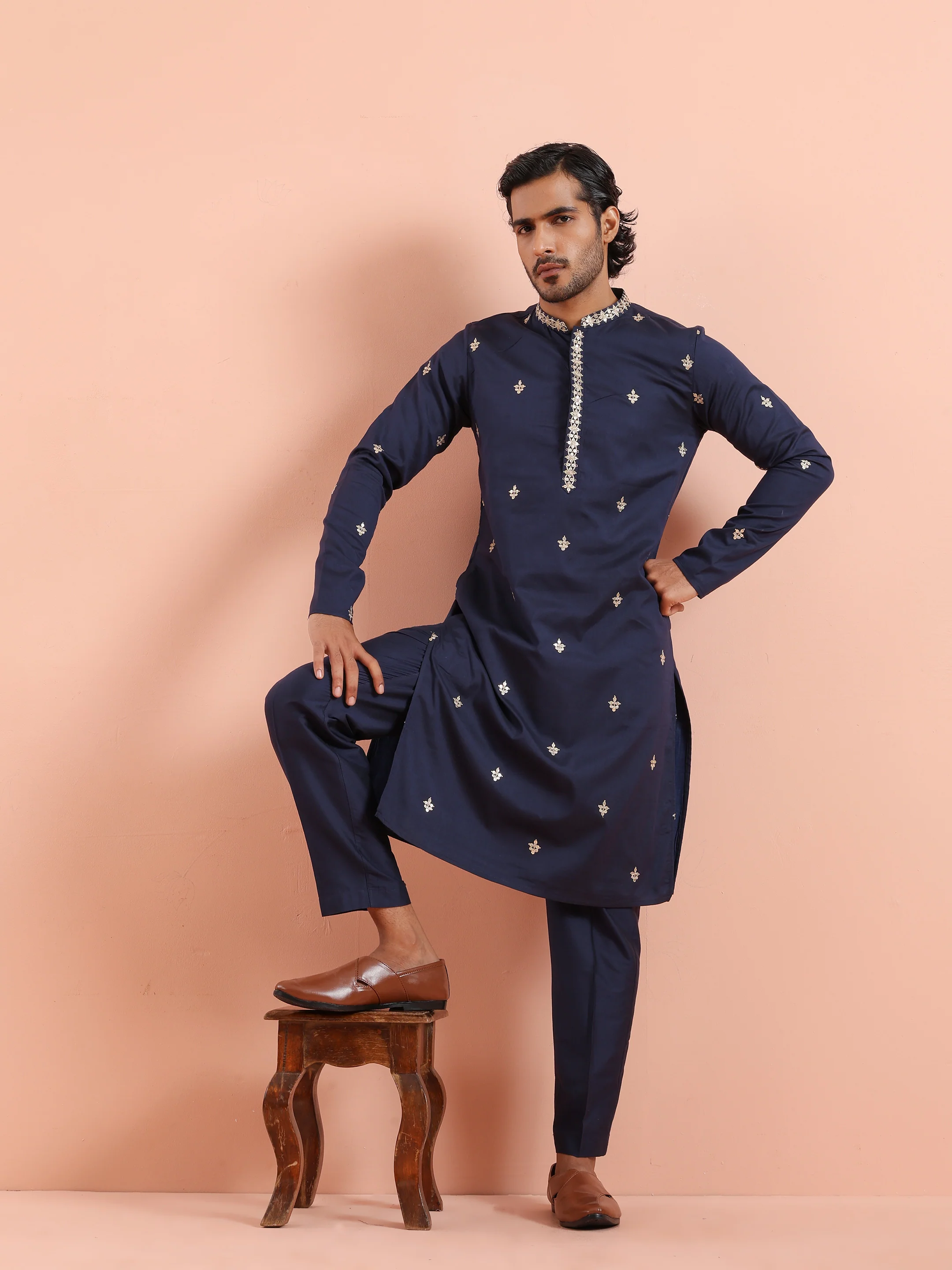 Navy Kurta with Delicate Embroidery - Image 8