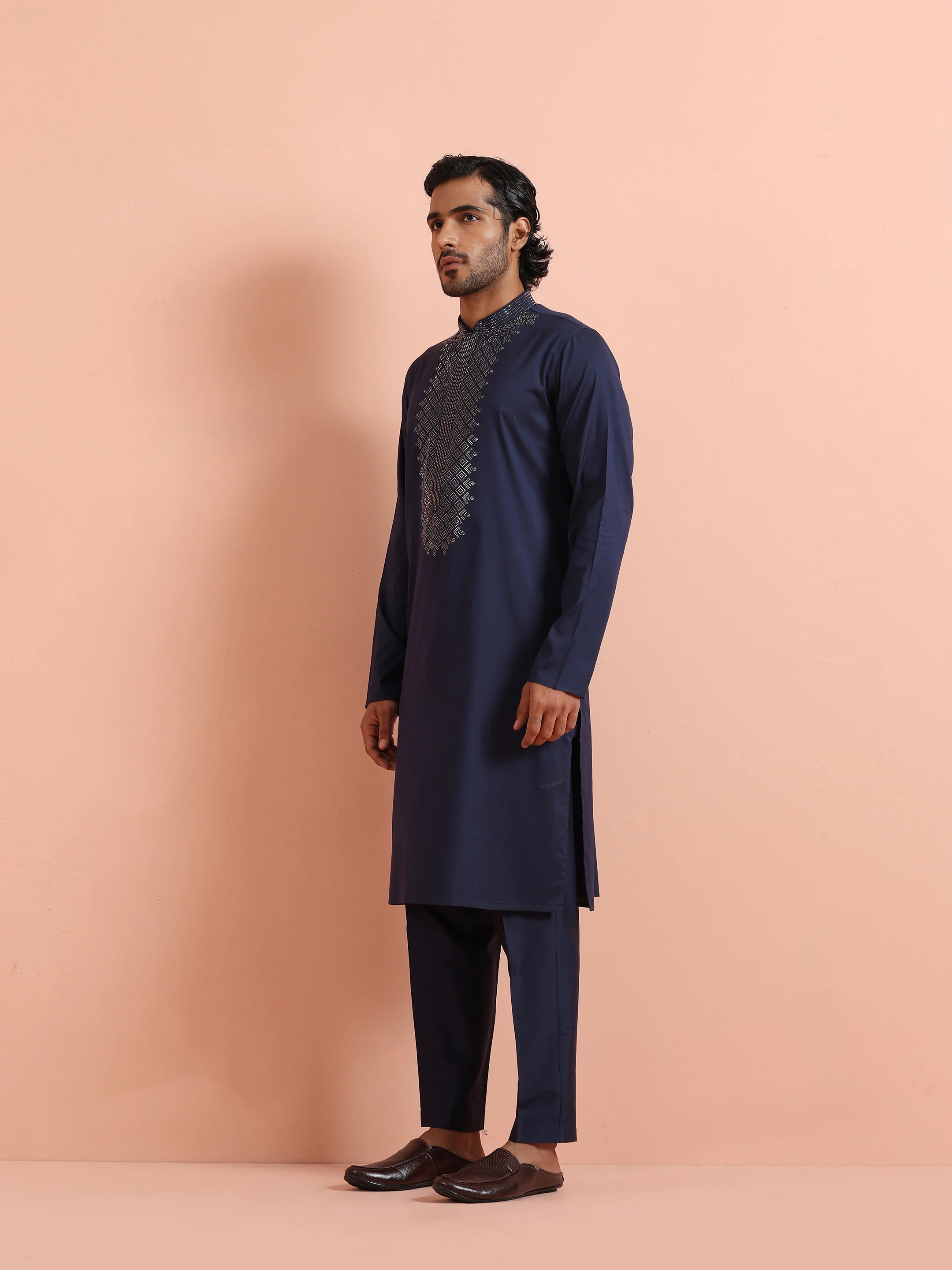 Navy Kurta with Geometric Embroidery - Image 2