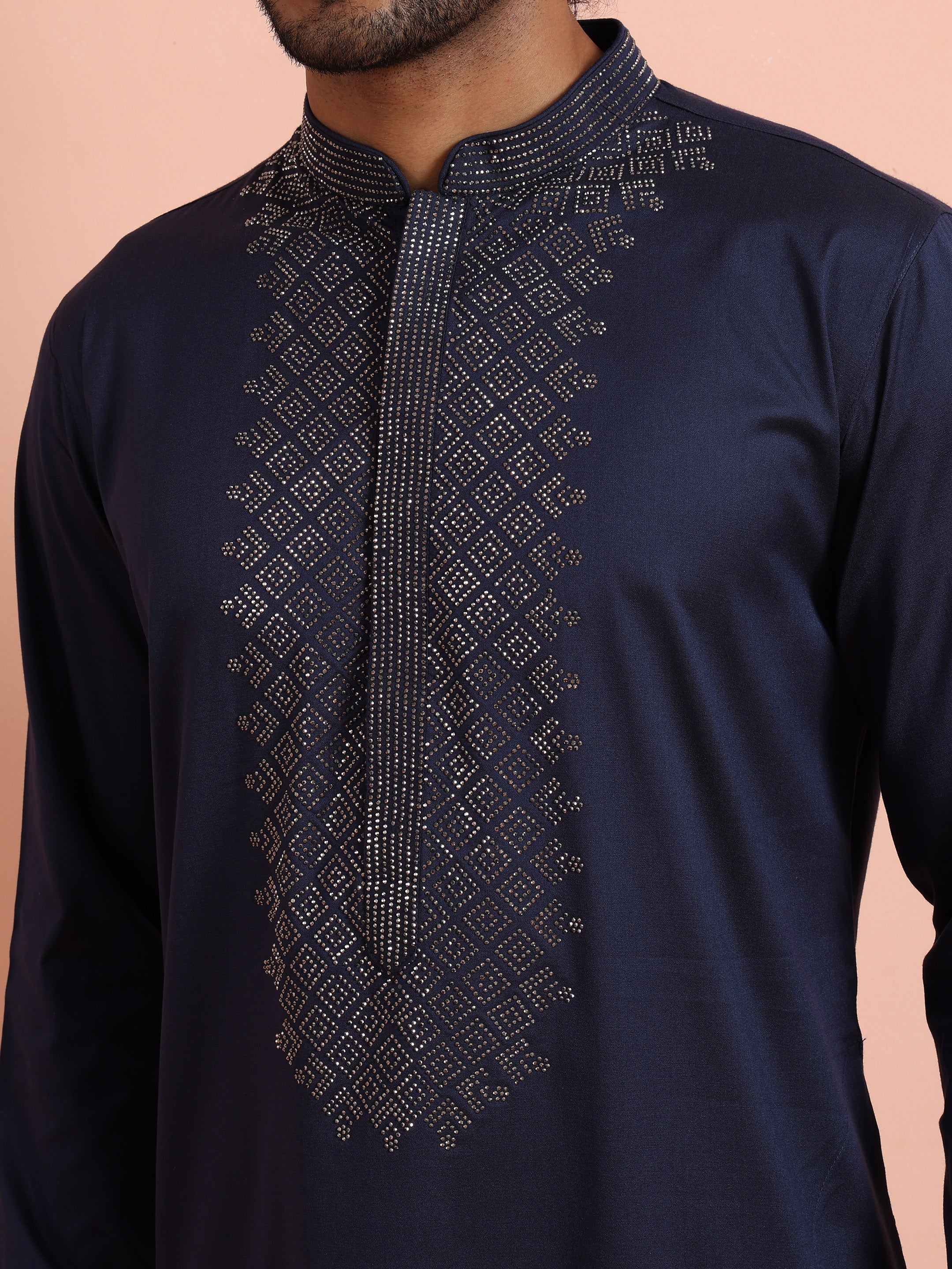 Navy Kurta with Geometric Embroidery - Image 5