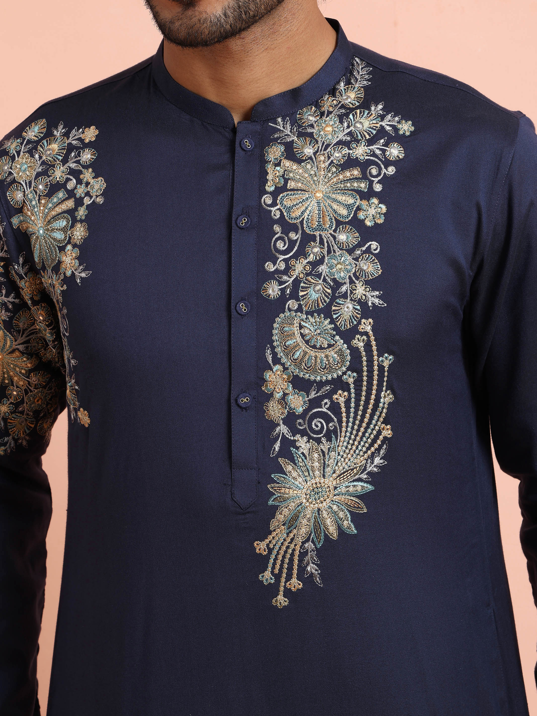 Navy Kurta with Heavy Embroidery - Image 5
