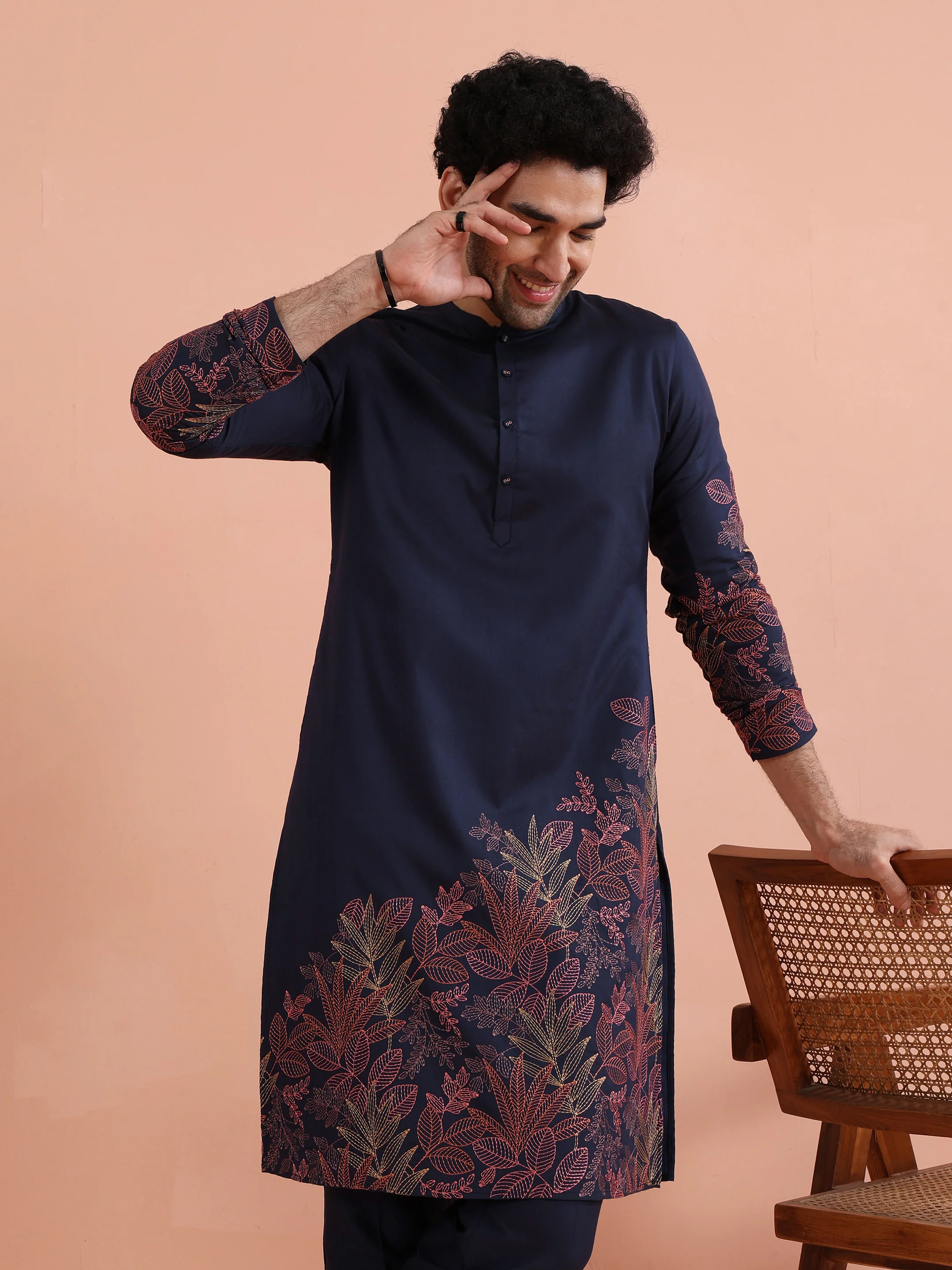 Navy Kurta with Red Embroidery