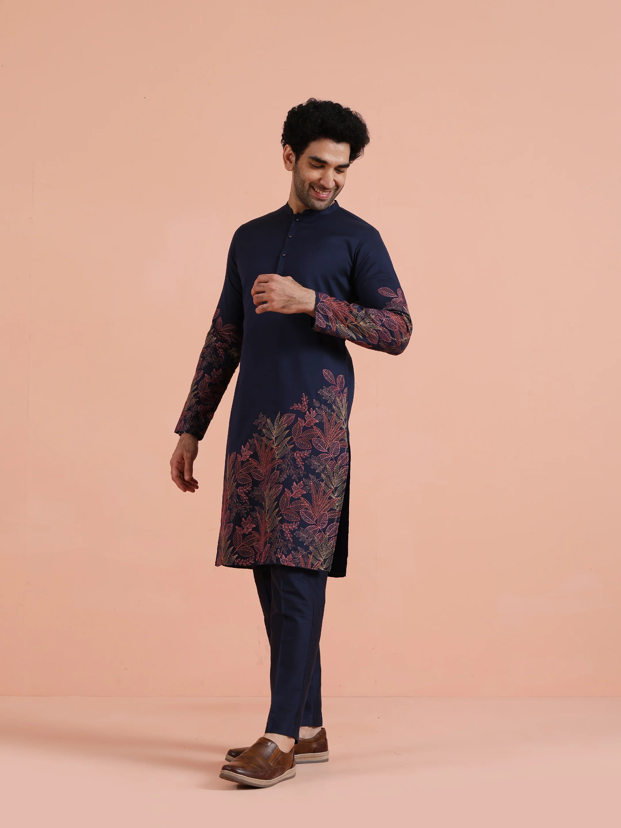 Navy Kurta with Red Embroidery - Image 2