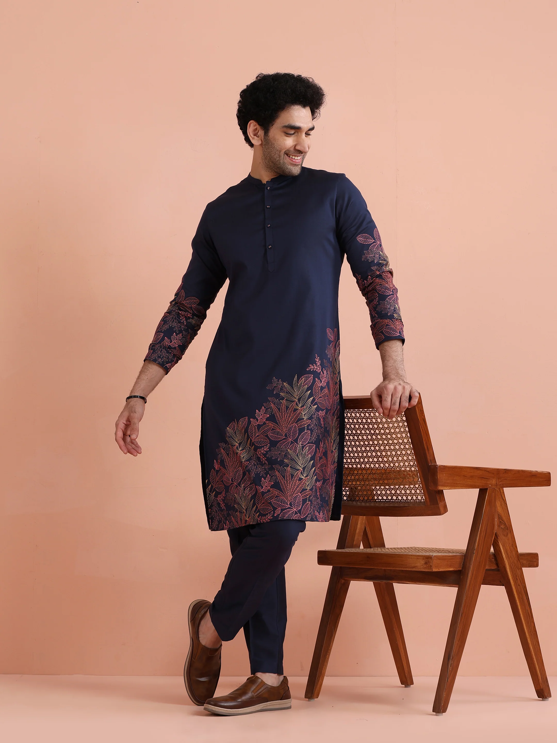 Navy Kurta with Red Embroidery - Image 9