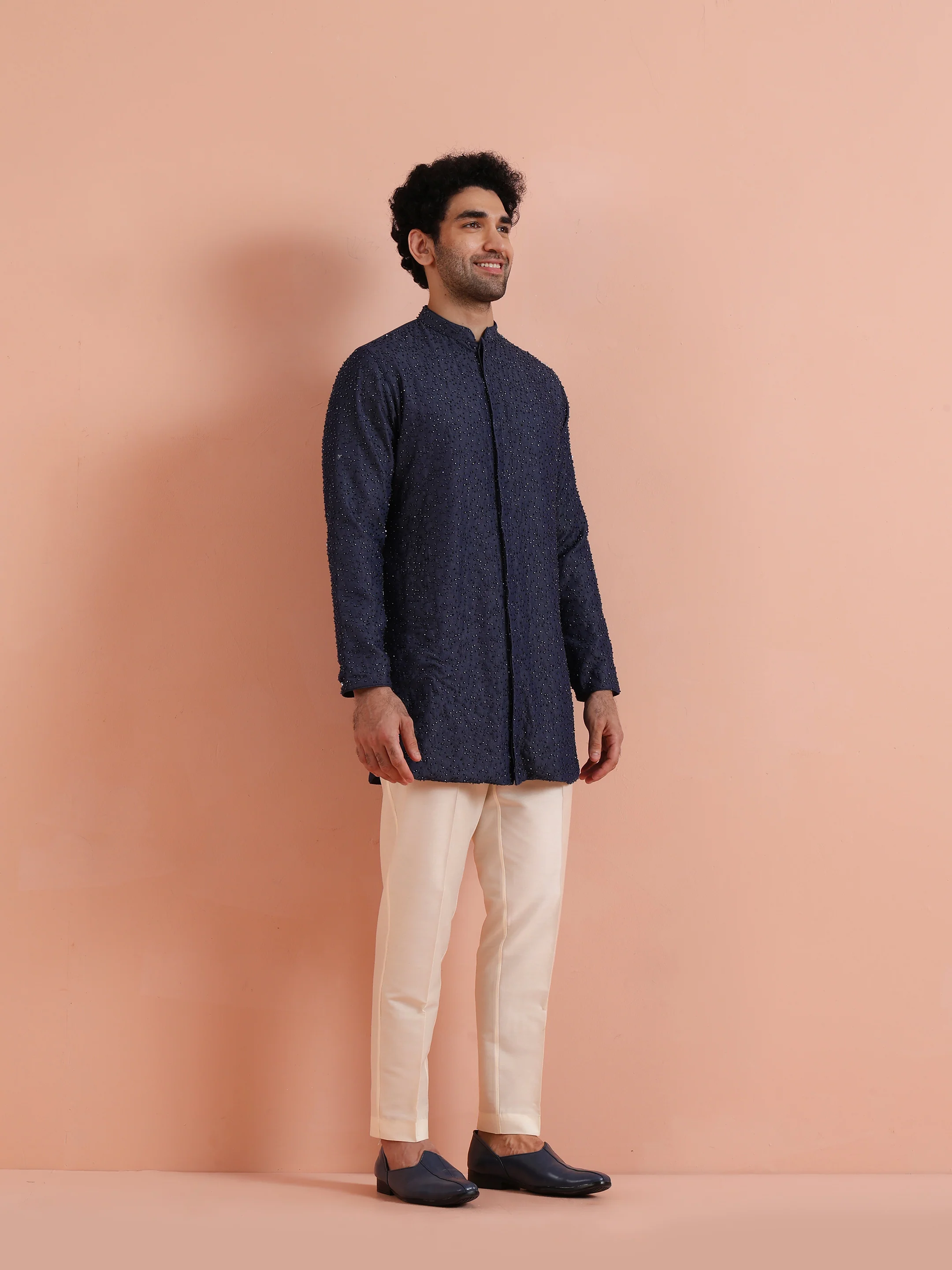 Navy Mid Kurta with Sequin Detailing - Image 2