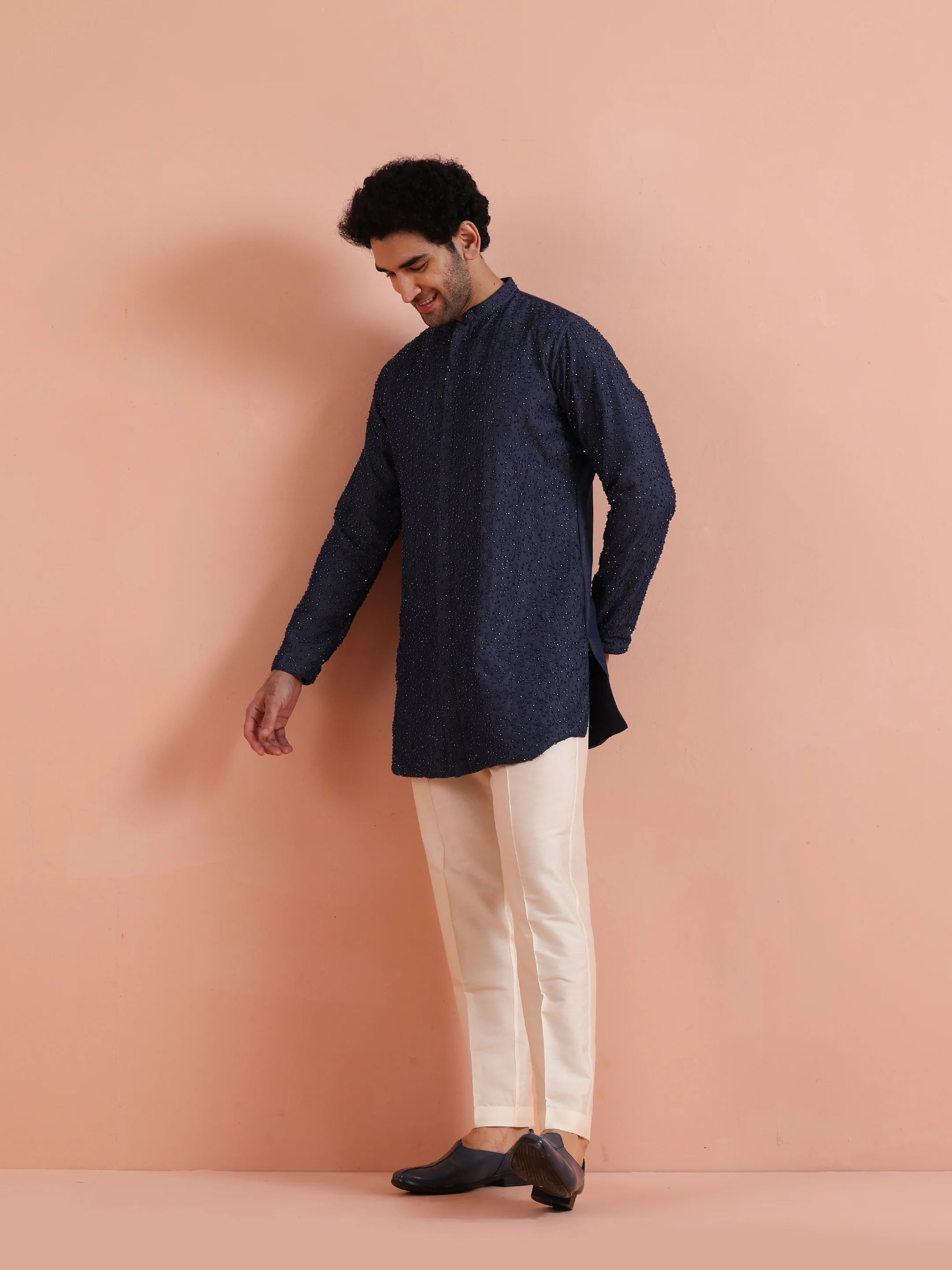 Navy Mid Kurta with Sequin Detailing - Image 3