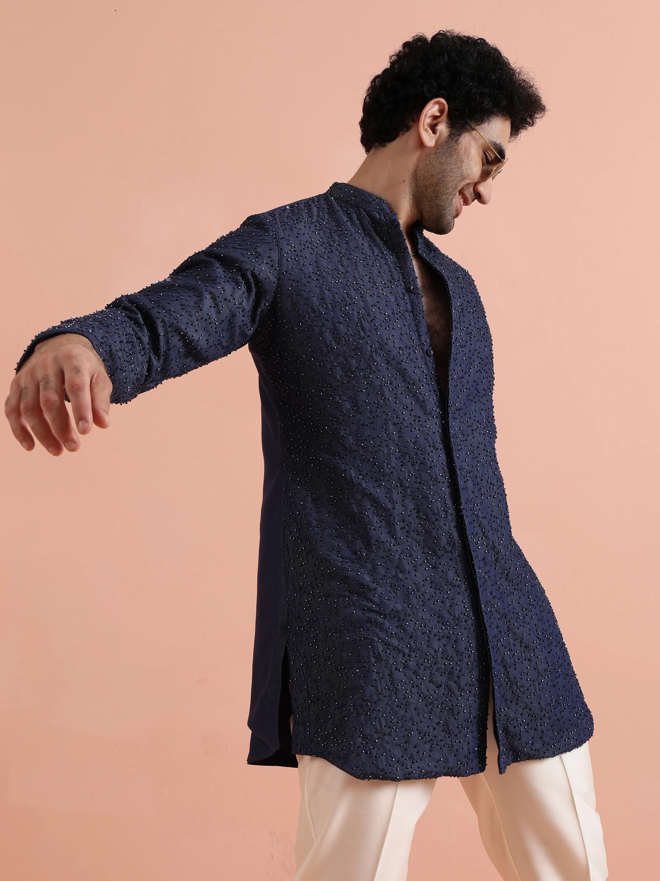 Navy Mid Kurta with Sequin Detailing - Image 7