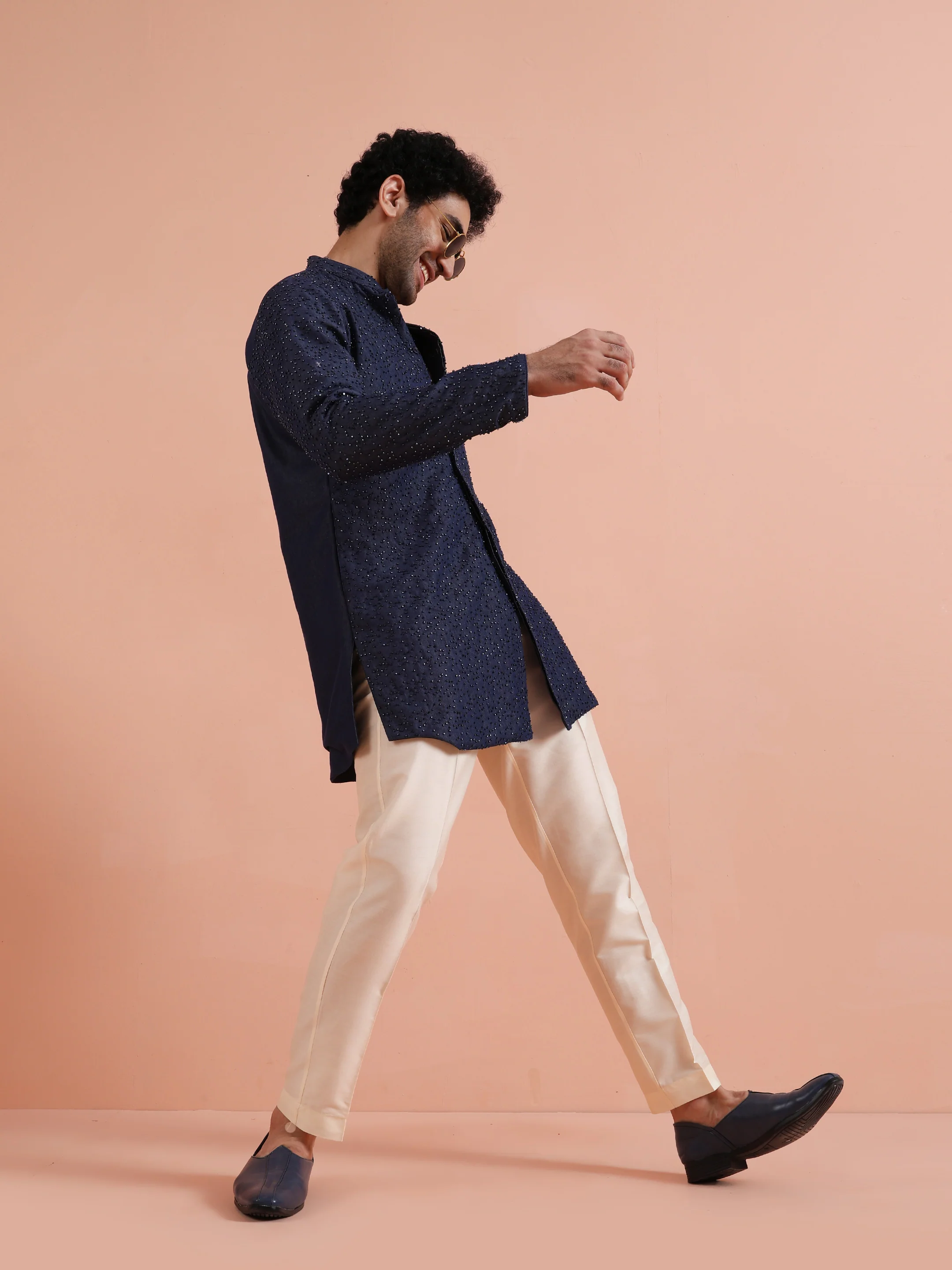 Navy Mid Kurta with Sequin Detailing - Image 8
