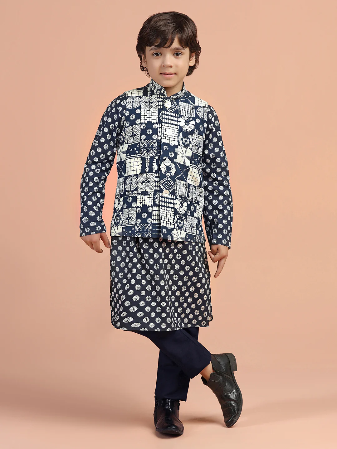 Navy Printed Kids Kurta Jacket Set