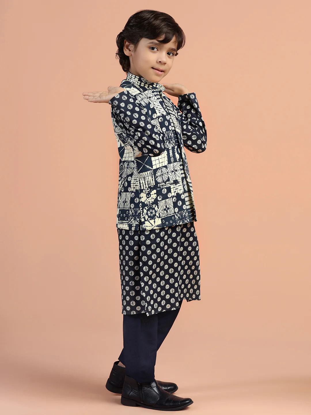 Navy Printed Kids Kurta Jacket Set - Image 3