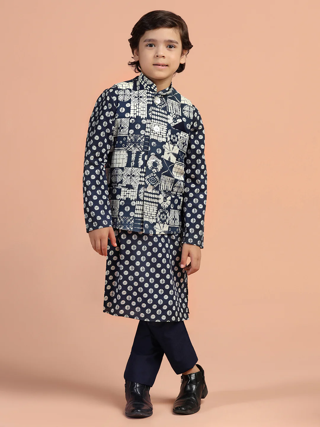 Navy Printed Kids Kurta Jacket Set - Image 7