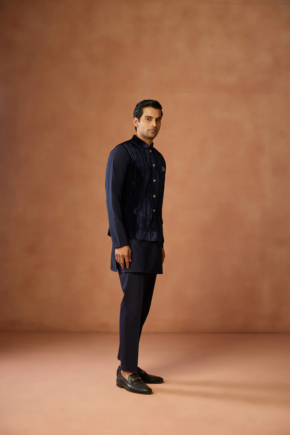 Navy Velvet Textured Nehru Jacket with Brooch - Image 2