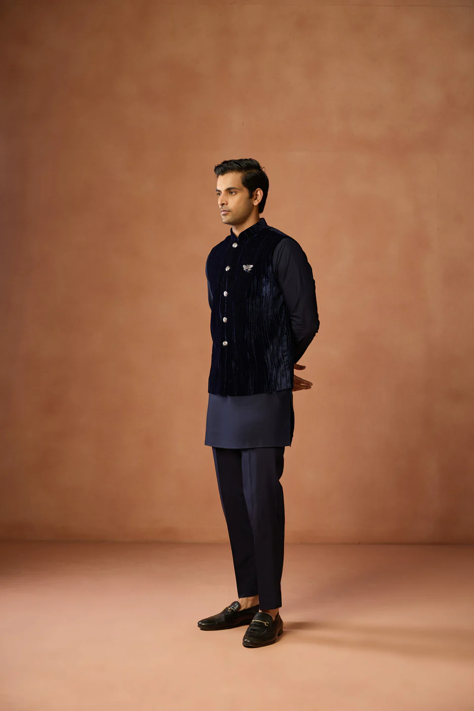 Navy Velvet Textured Nehru Jacket with Brooch - Image 3