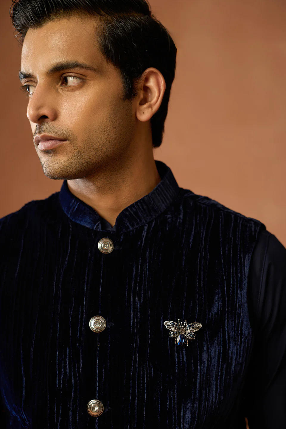 Navy Velvet Textured Nehru Jacket with Brooch - Image 5