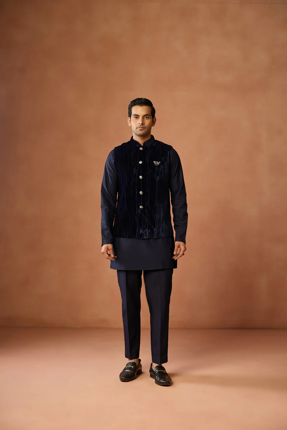 Navy Velvet Textured Nehru Jacket with Brooch - Image 6