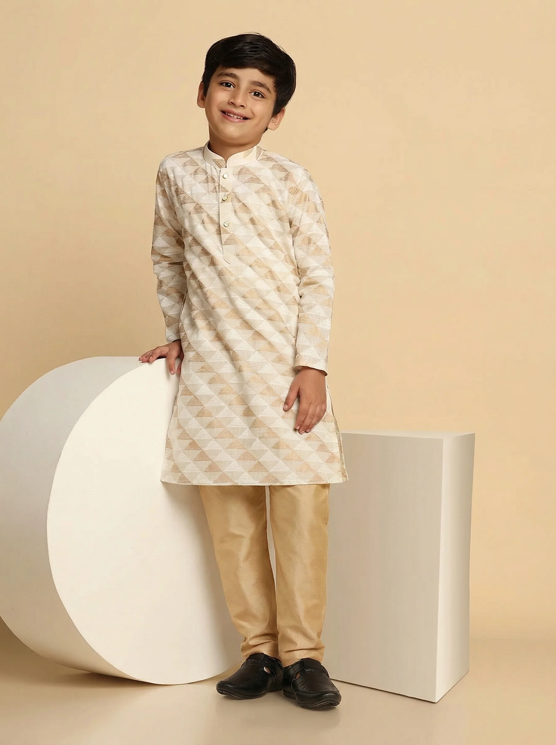 Off White Cotton Blend Printed Kurta Pyjama Set