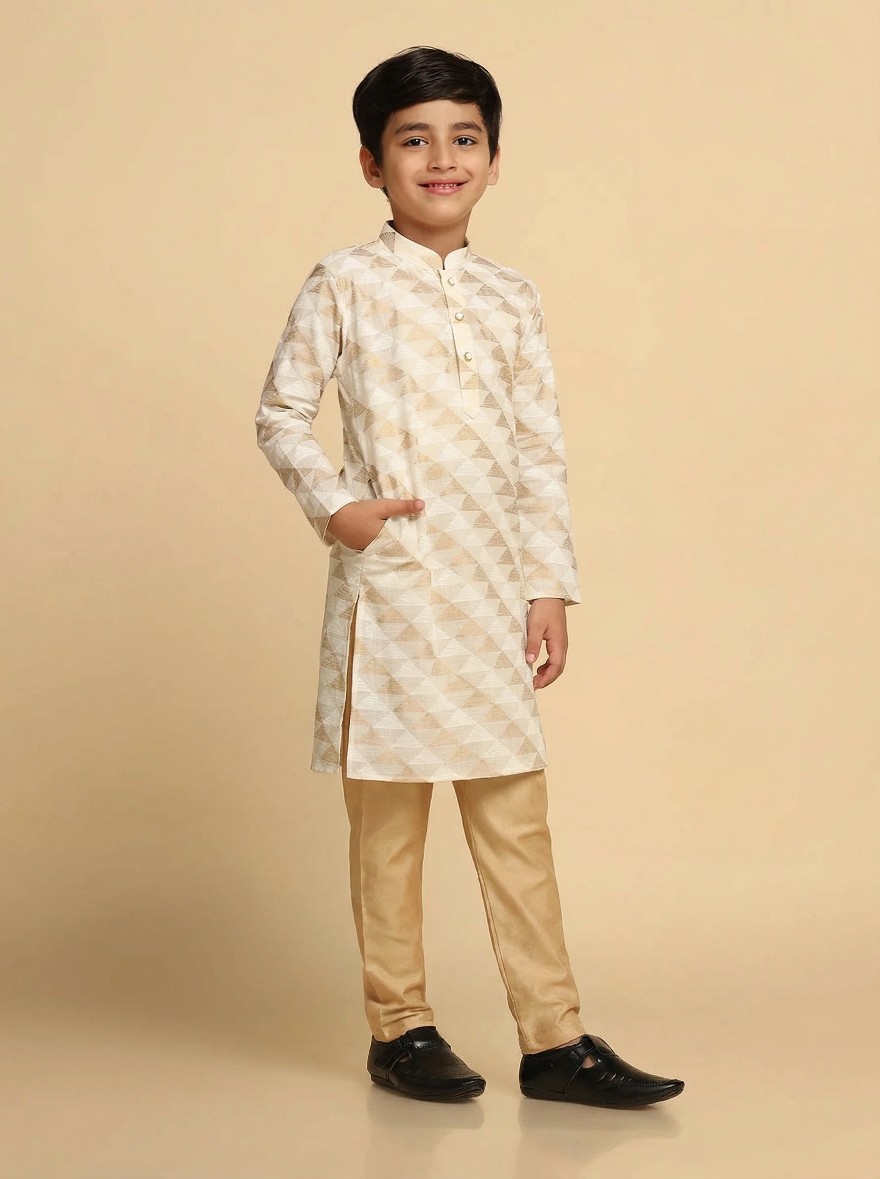Off White Cotton Blend Printed Kurta Pyjama Set - Image 2