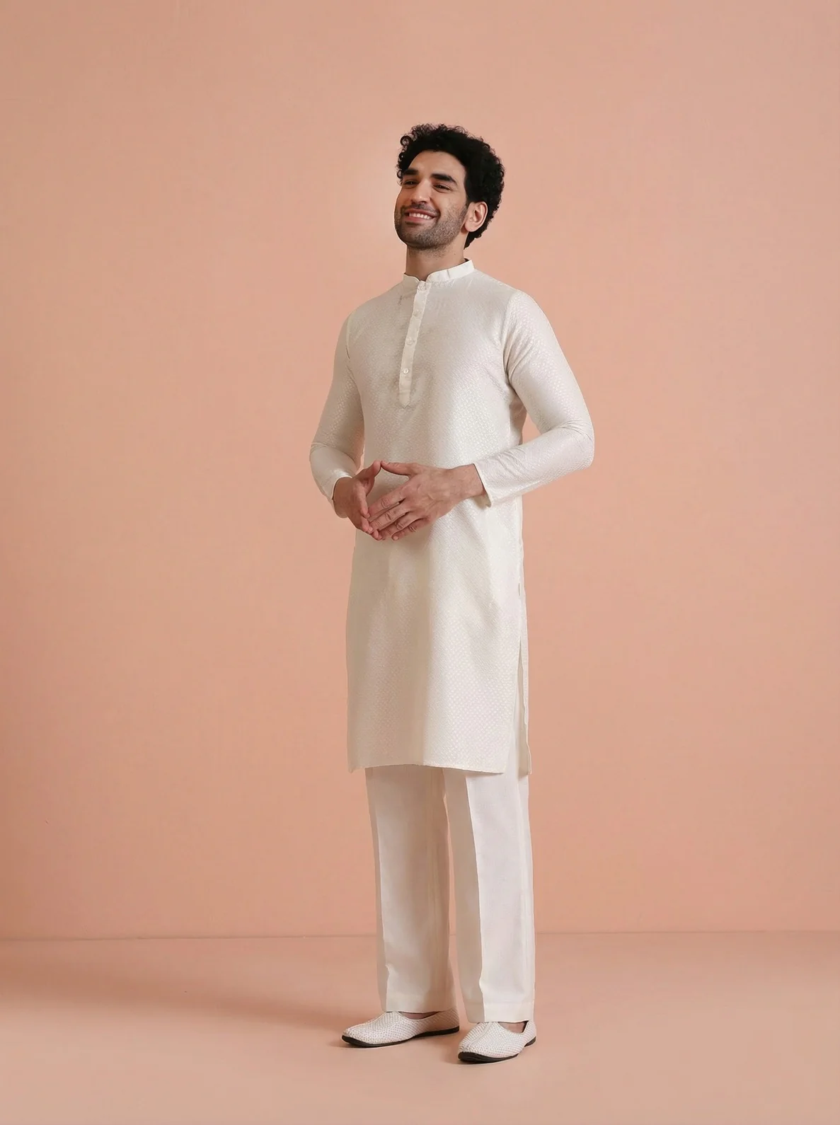 Off-White Cotton Blend Solid Kurta Wide Leg Trouser Set - Image 2