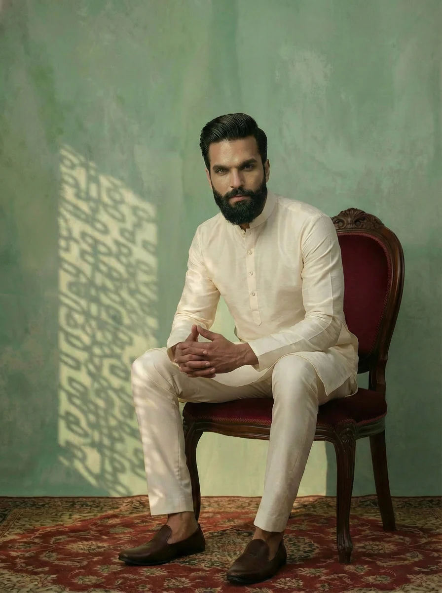 Off-White Cotton Blend Solid Plain Kurta