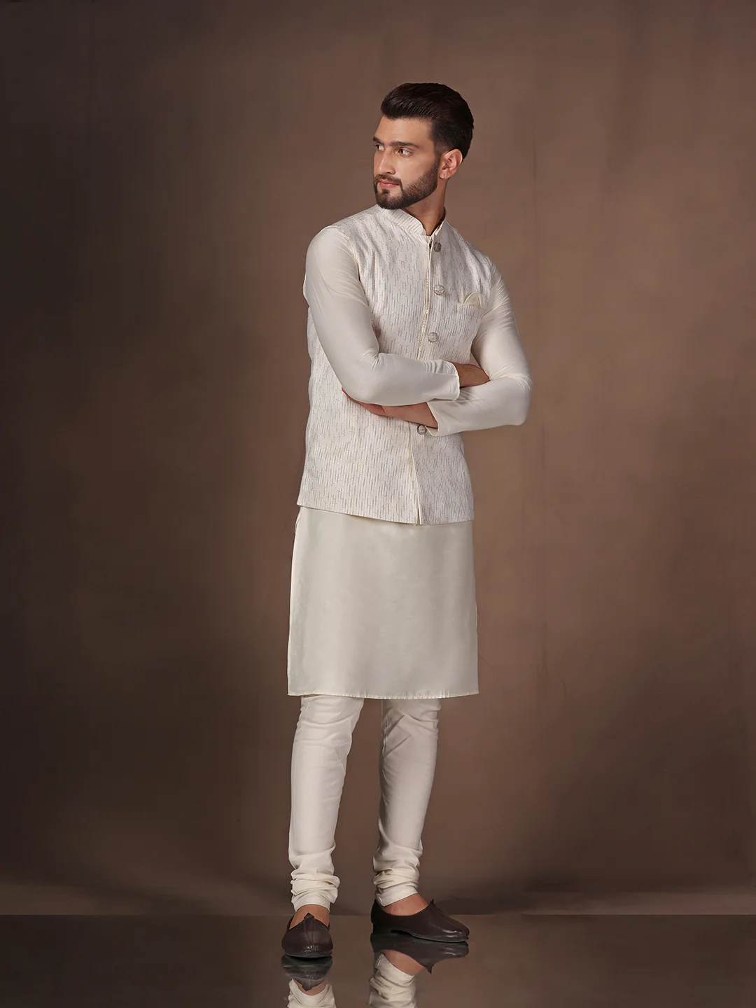 Off White Cotton Embellished Kurta Jacket Churidar Set - Image 2