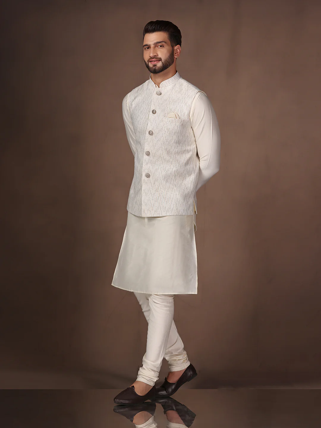 Off White Cotton Embellished Kurta Jacket Churidar Set - Image 3