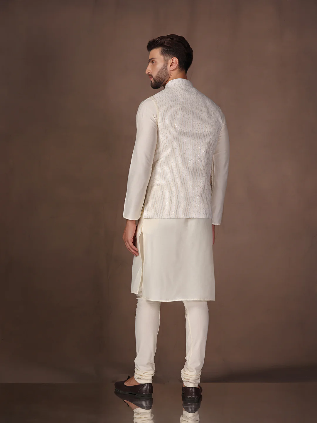 Off White Cotton Embellished Kurta Jacket Churidar Set - Image 4