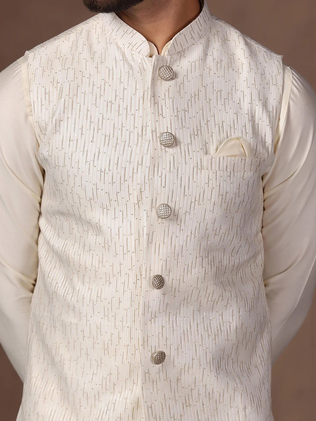 Off White Cotton Embellished Kurta Jacket Churidar Set - Image 6
