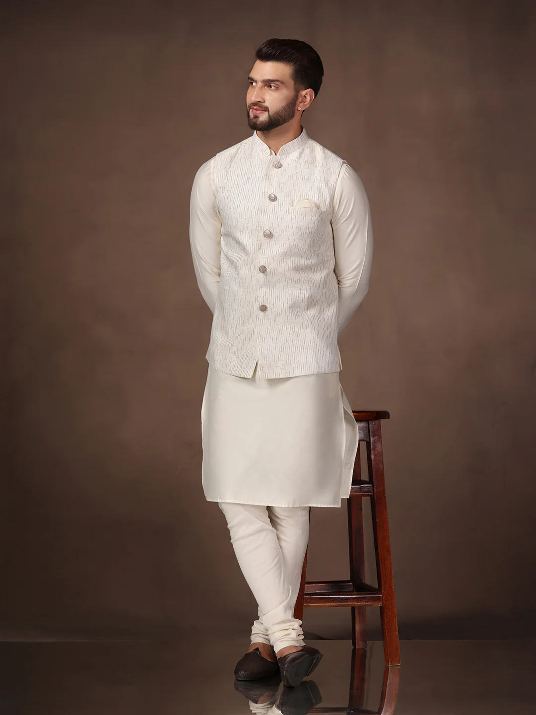 Off White Cotton Embellished Kurta Jacket Churidar Set - Image 8
