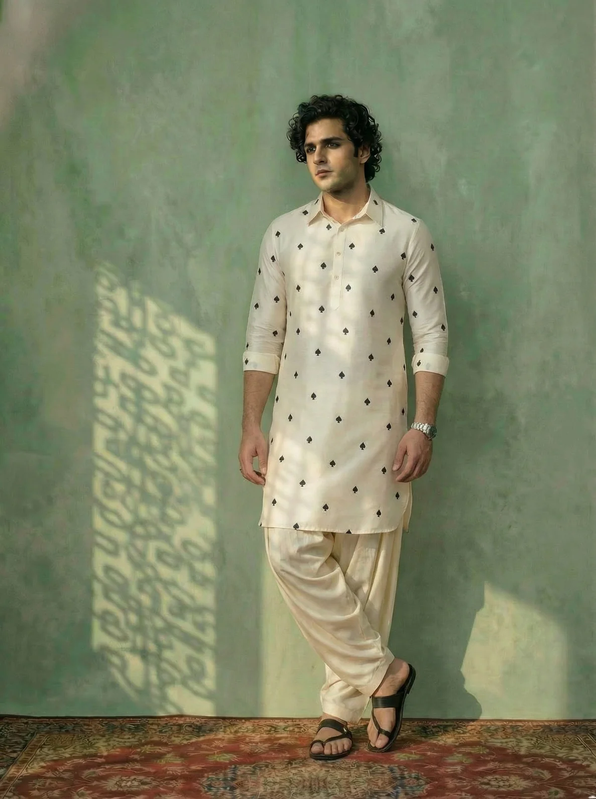 Off-White Cotton Embroidered Pathani Kurta
