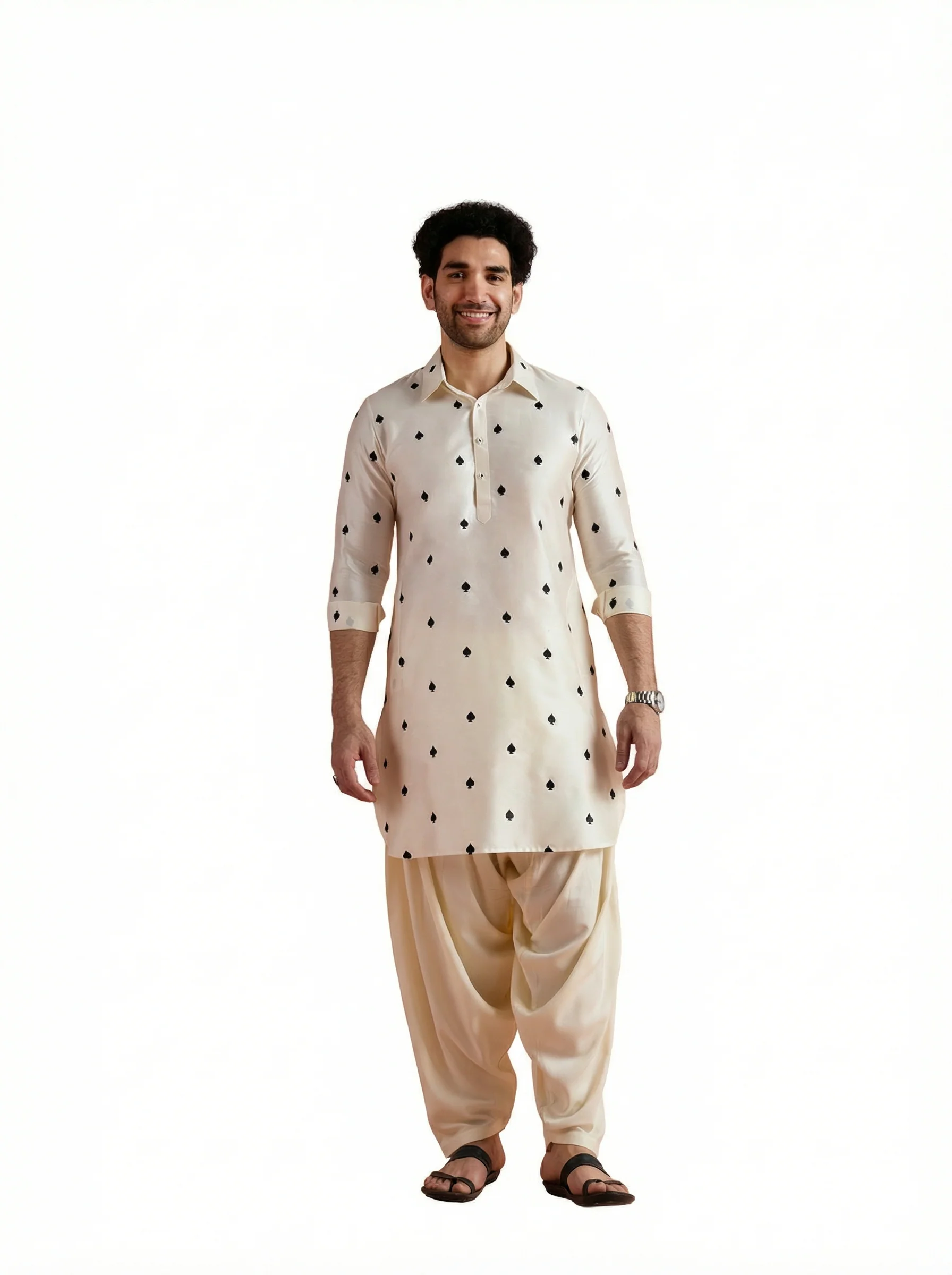 Off-White Cotton Embroidered Pathani Kurta - Image 11