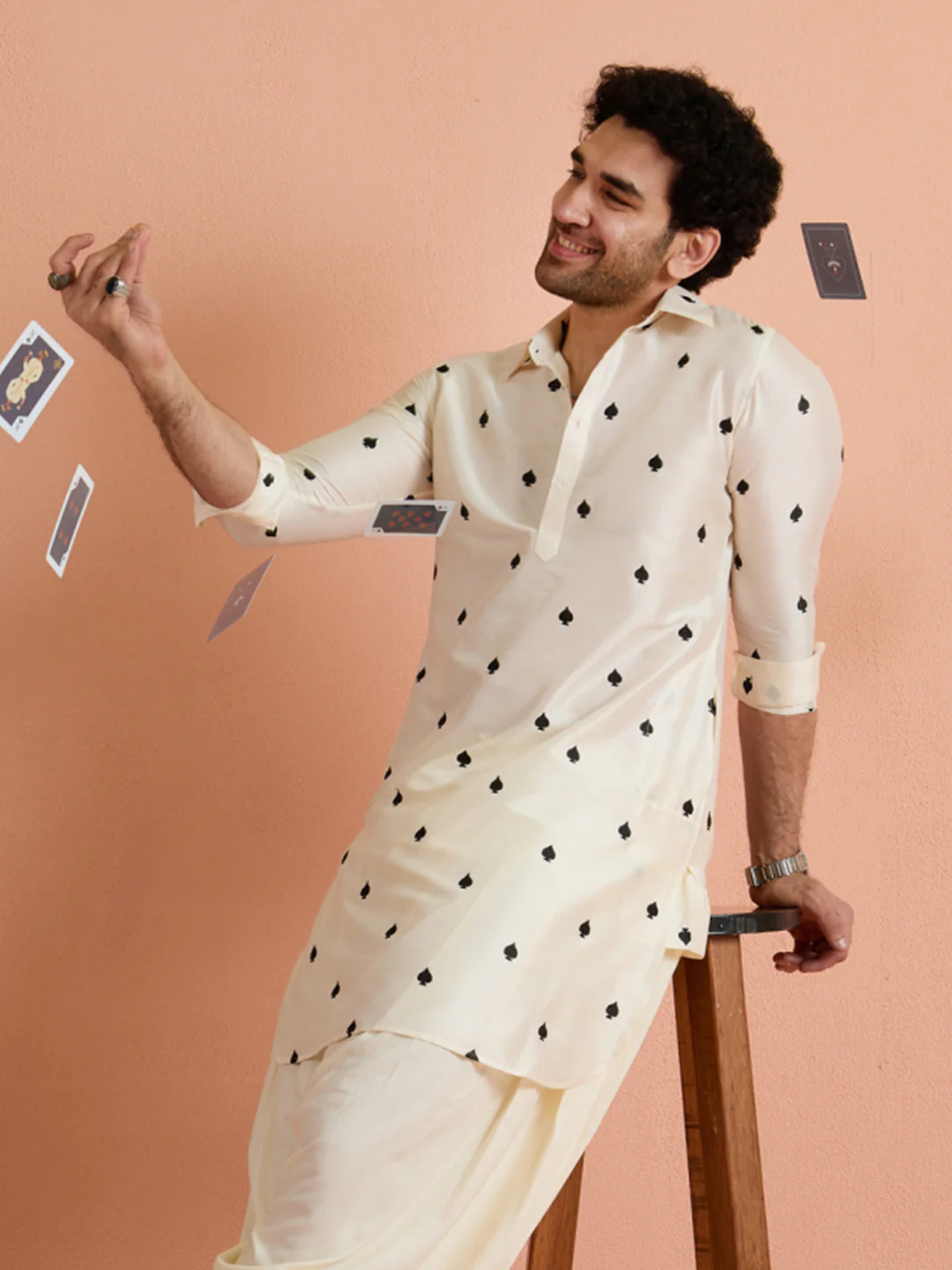 Off-White Cotton Embroidered Pathani Kurta - Image 2