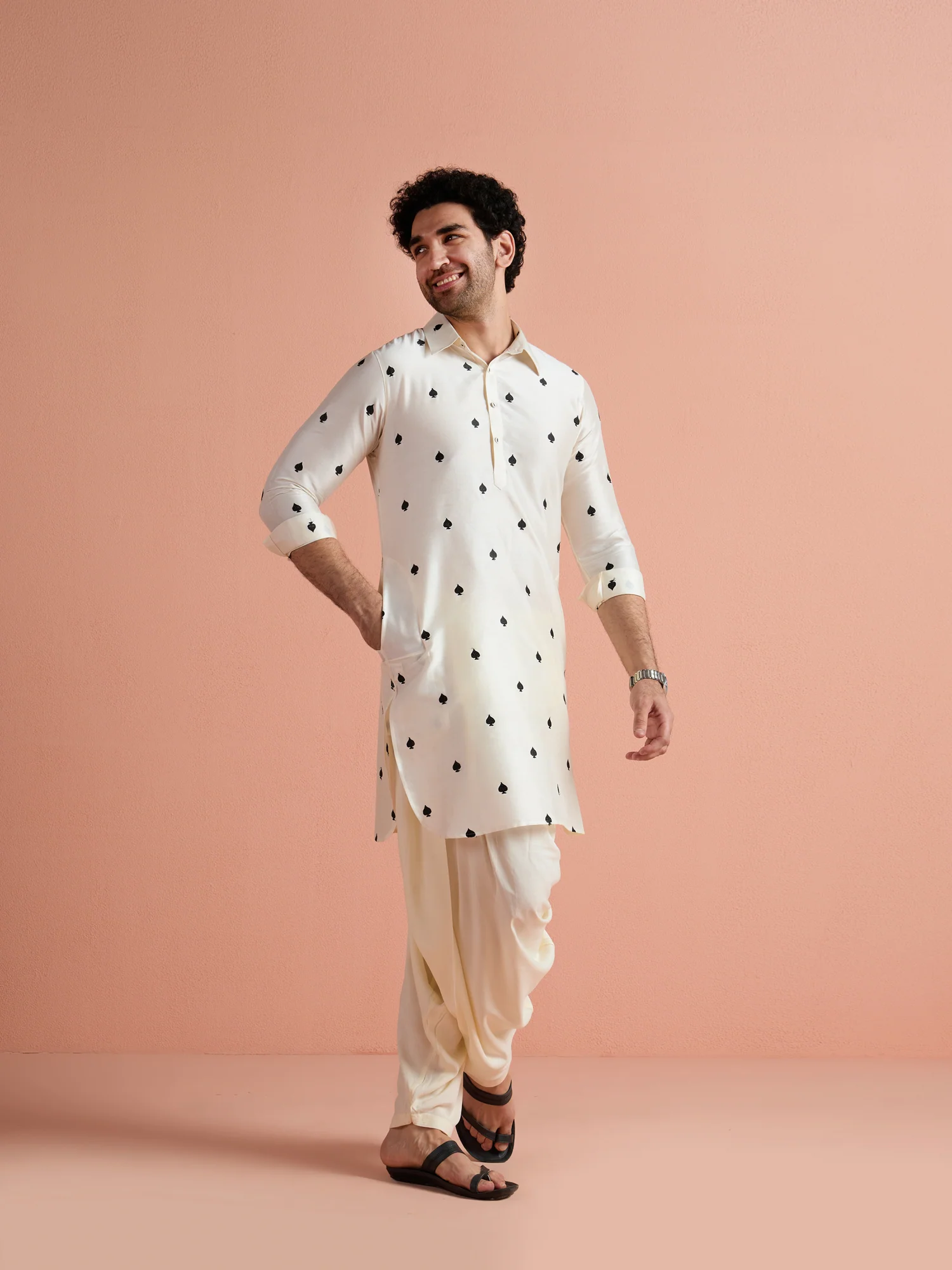 Off-White Cotton Embroidered Pathani Kurta - Image 3