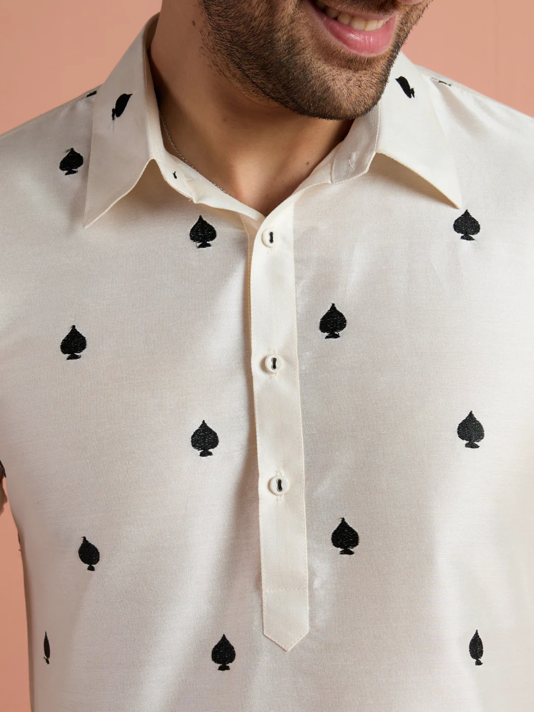Off-White Cotton Embroidered Pathani Kurta - Image 6