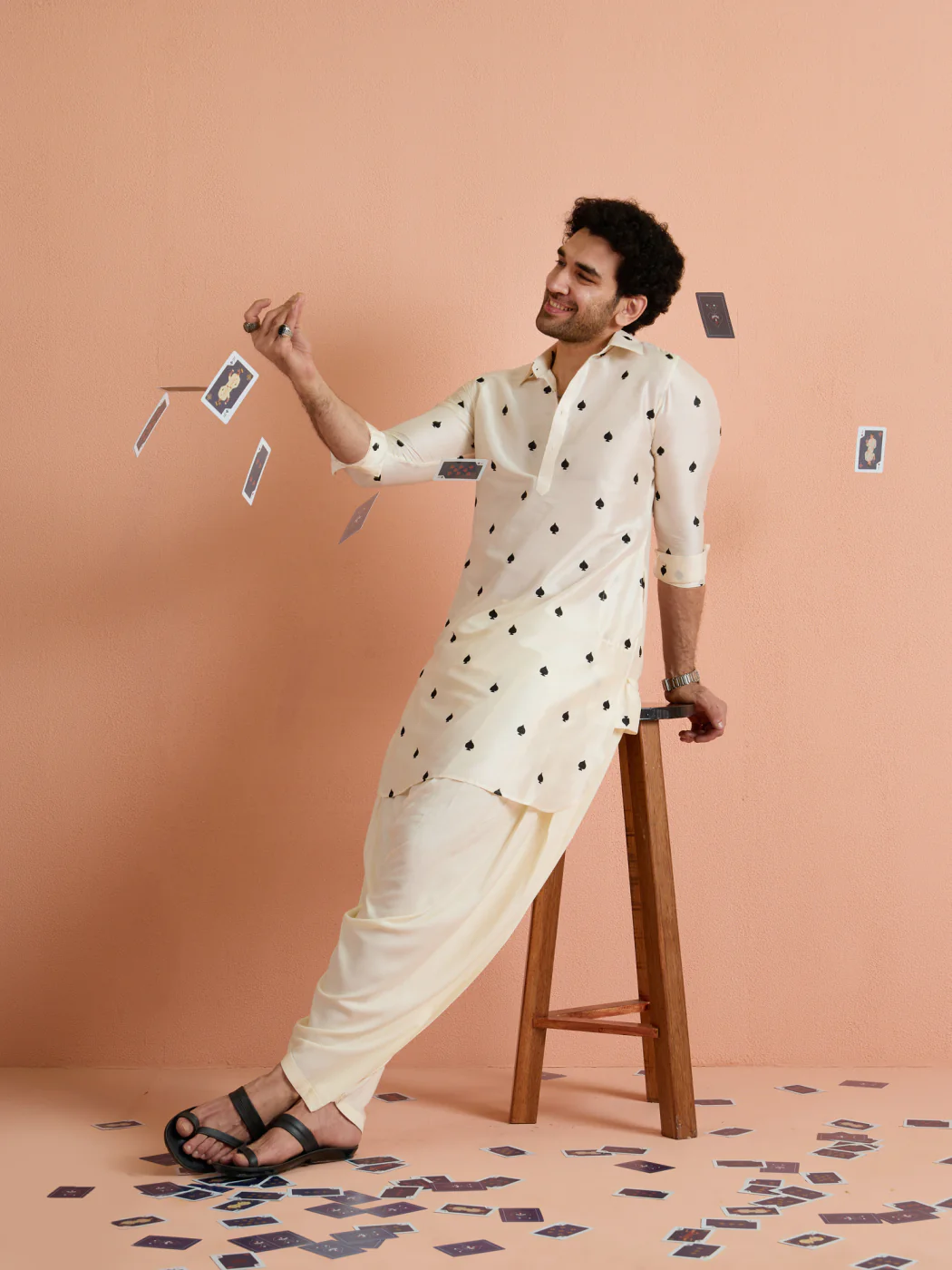 Off-White Cotton Embroidered Pathani Kurta - Image 9