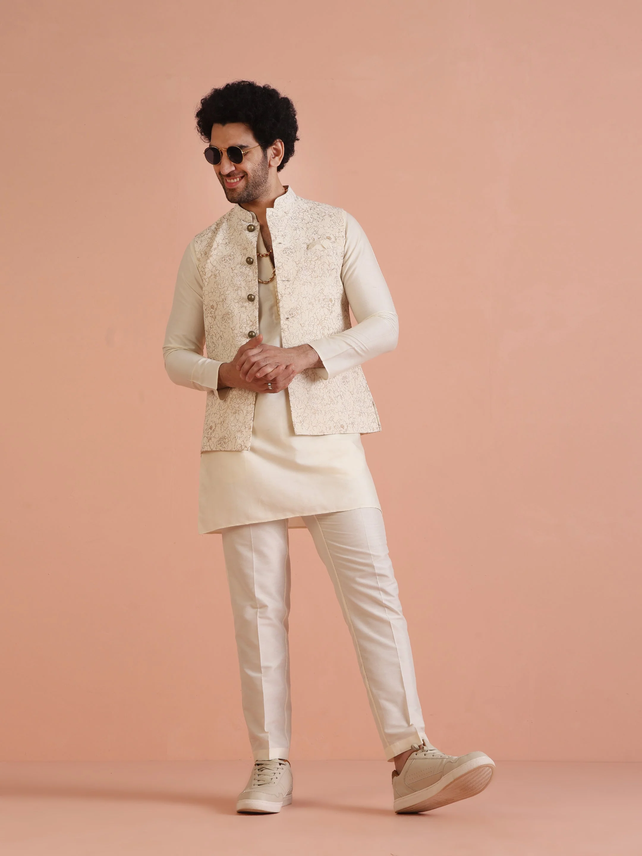 Off-White Floral Print Jacket Set with Kurta & Trouser