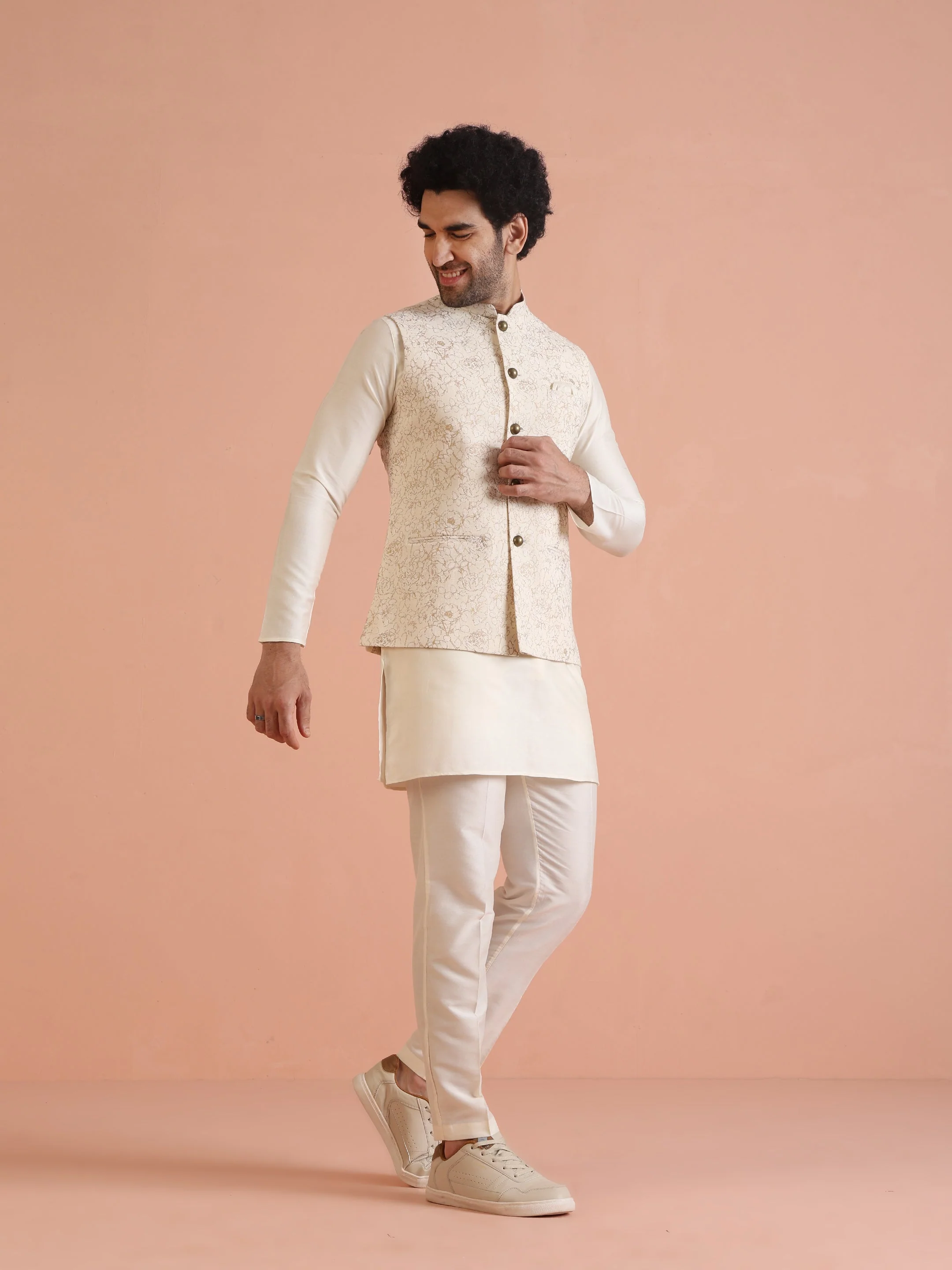 Off-White Floral Print Jacket Set with Kurta & Trouser - Image 2