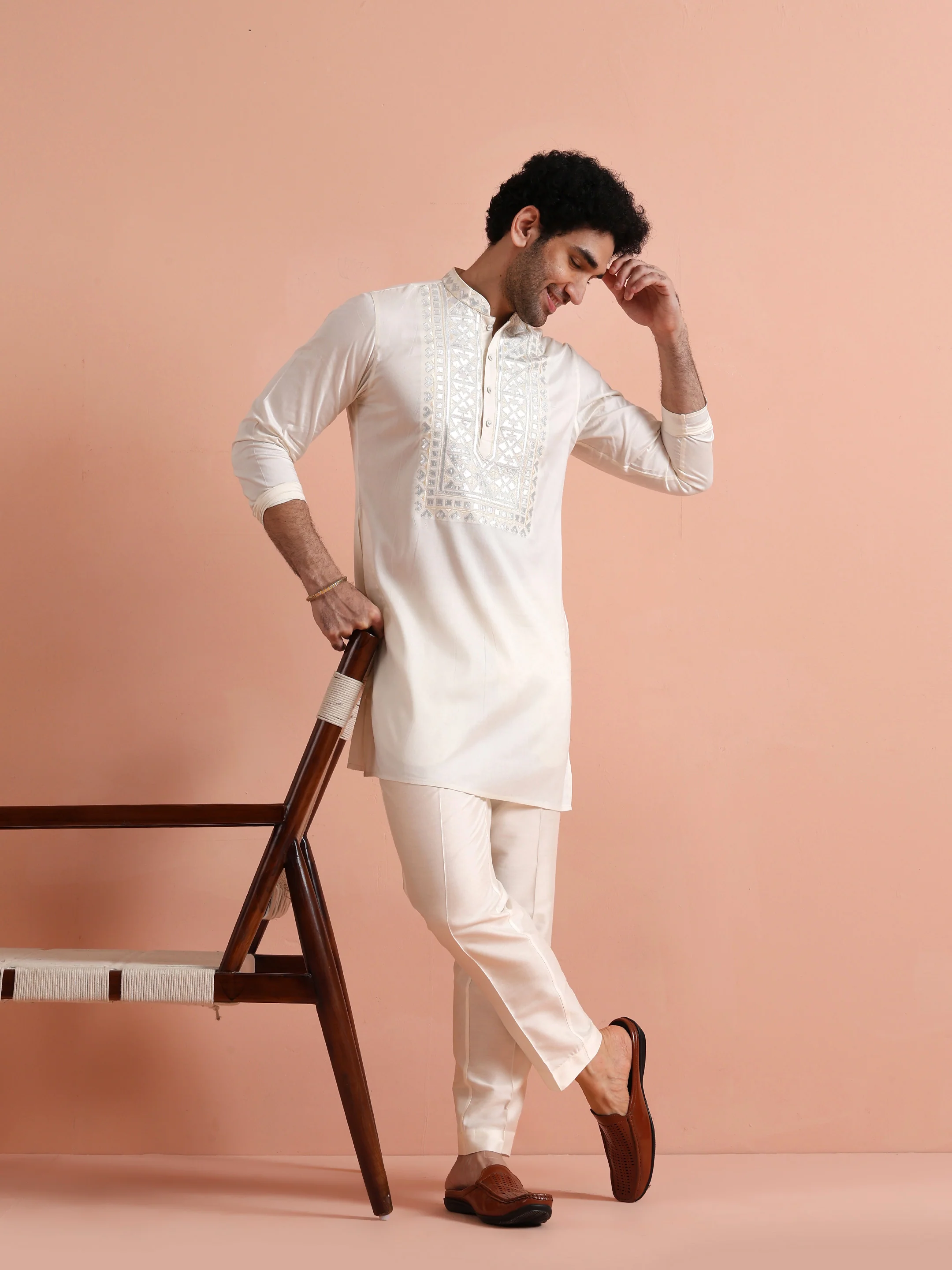 Cream Silk Blend Embroidered Mid Kurta Set