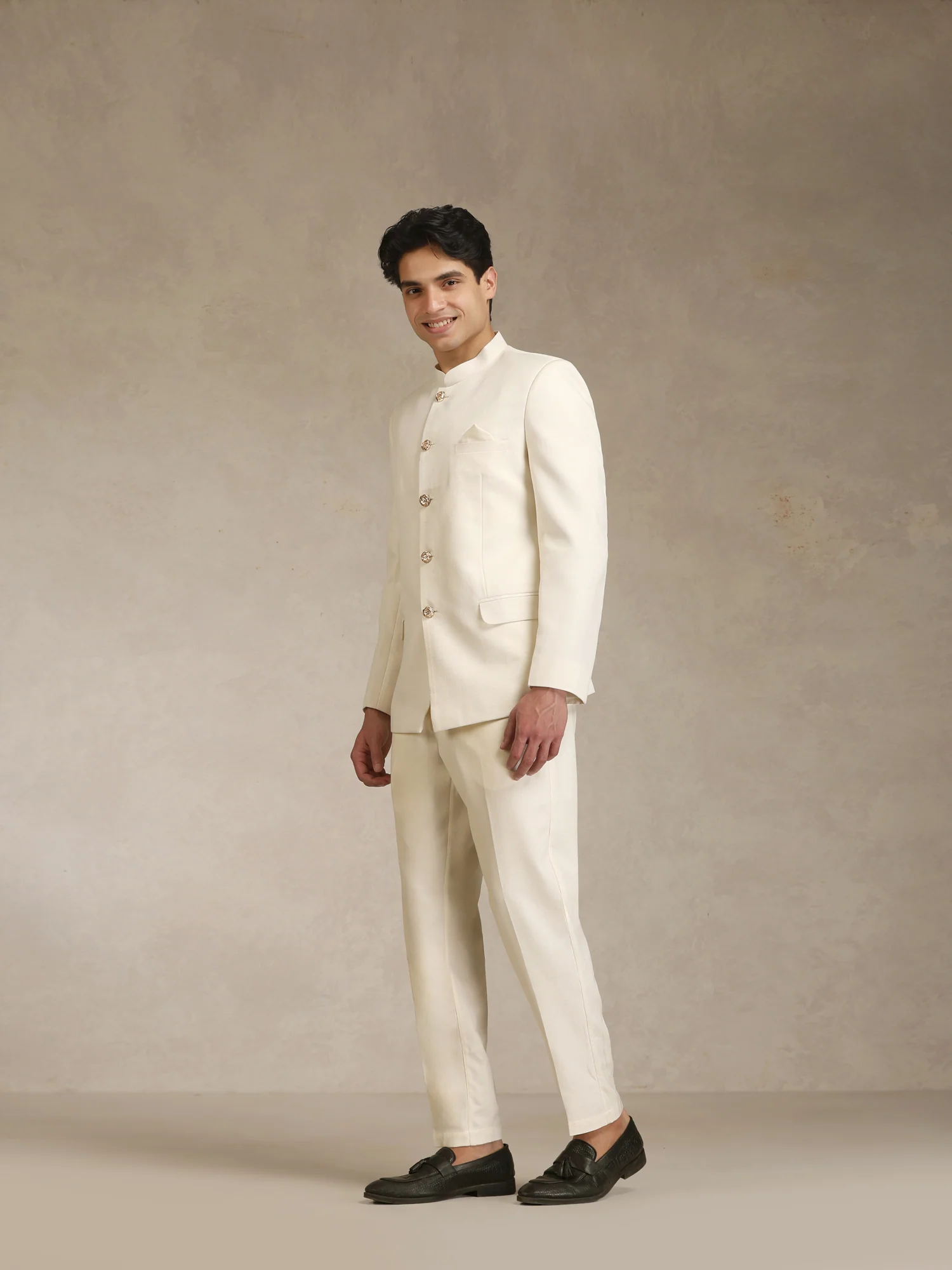Off White Poly Viscose Solid Bandhgala Trouser Set - Image 2