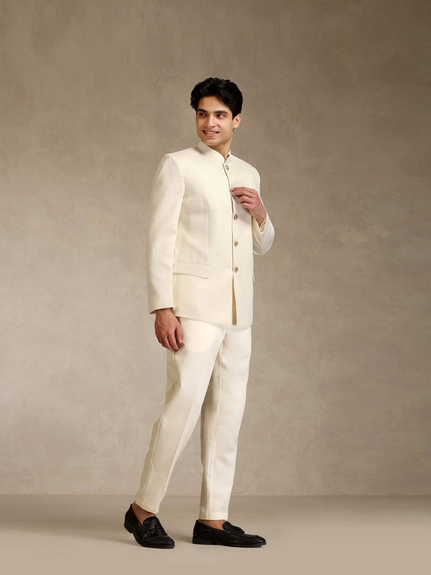 Off White Poly Viscose Solid Bandhgala Trouser Set - Image 3
