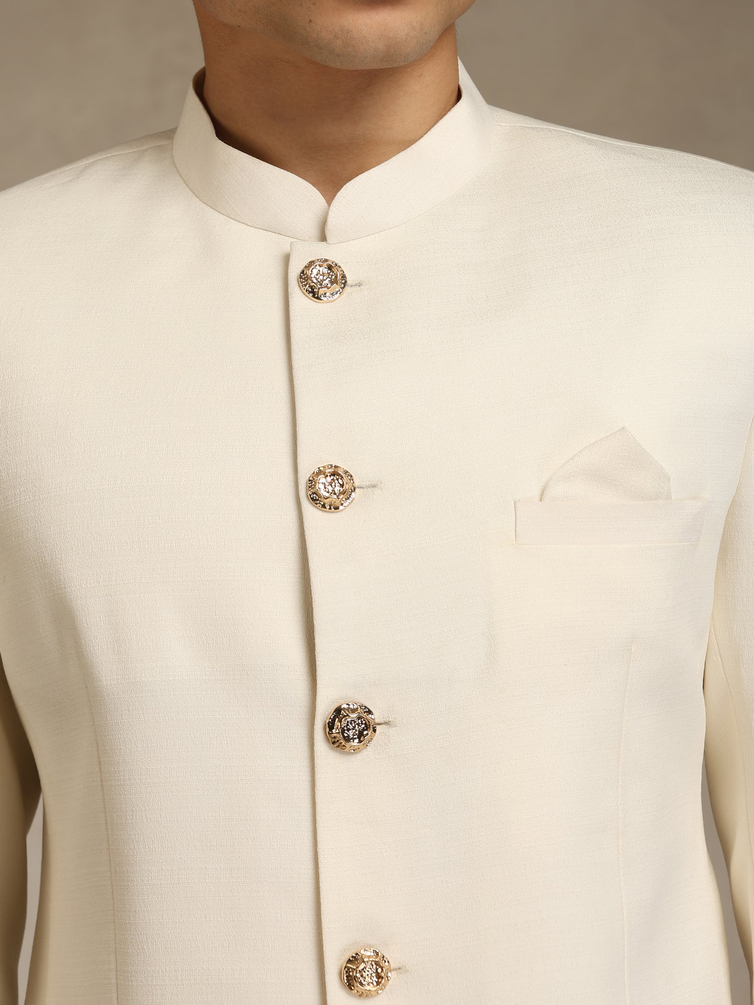 Off White Poly Viscose Solid Bandhgala Trouser Set - Image 5