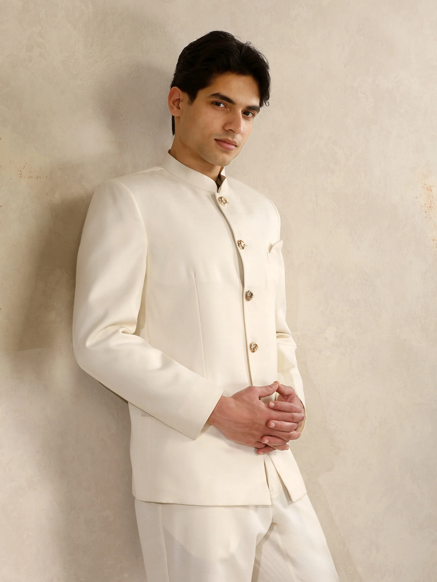 Off White Poly Viscose Solid Bandhgala Trouser Set - Image 7