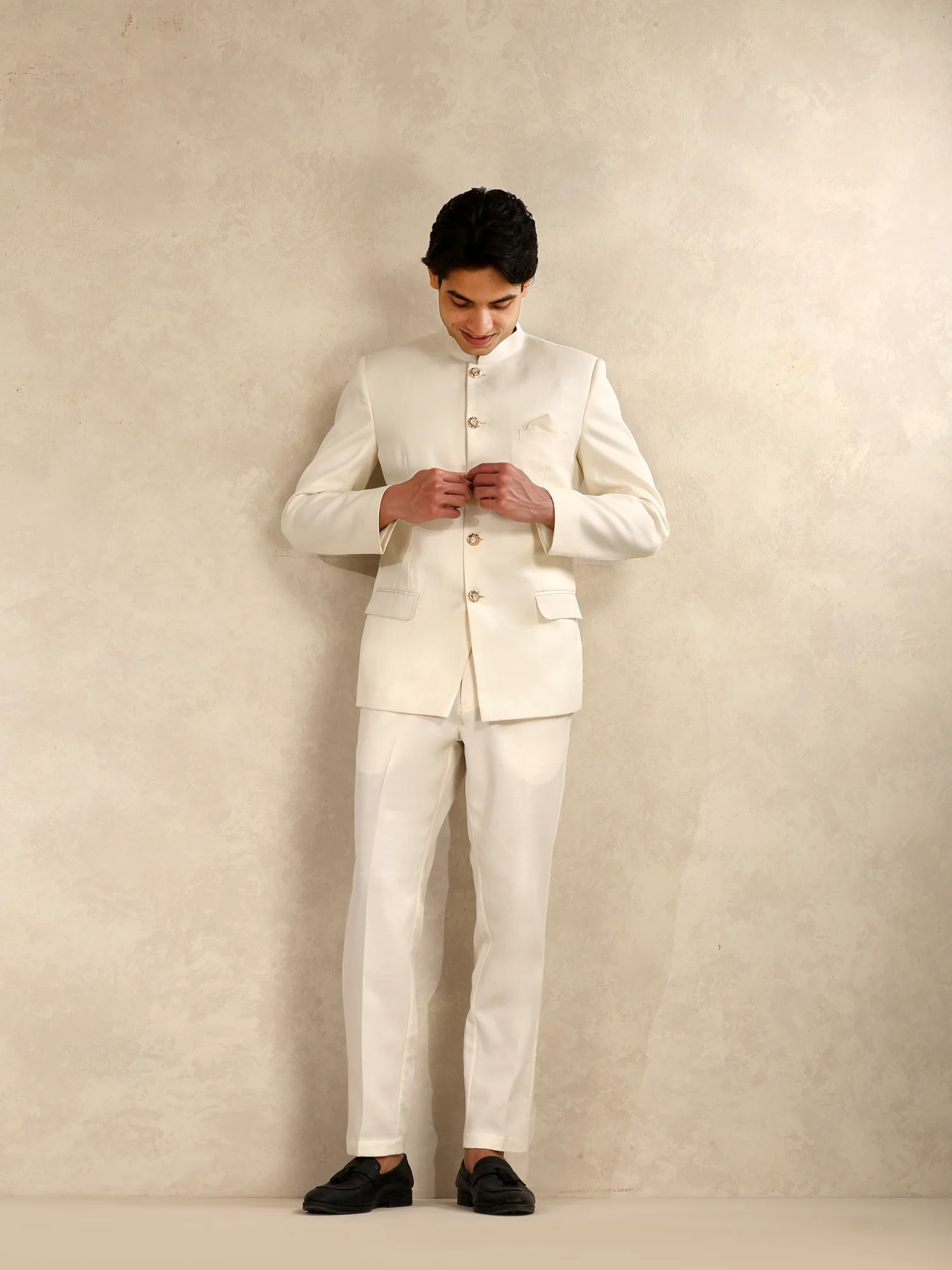 Off White Poly Viscose Solid Bandhgala Trouser Set - Image 8