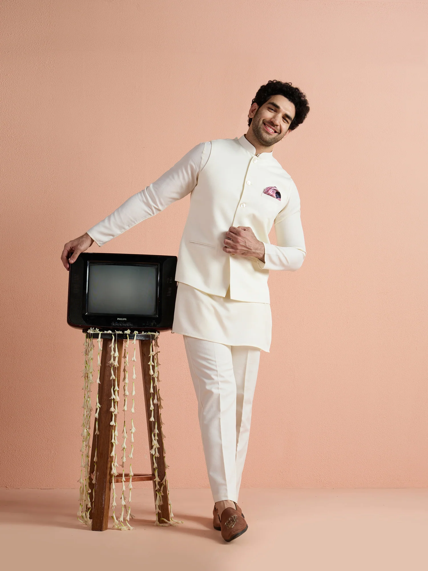 Off White Poly Viscose Solid Mid Kurta Jacket Trouser Set