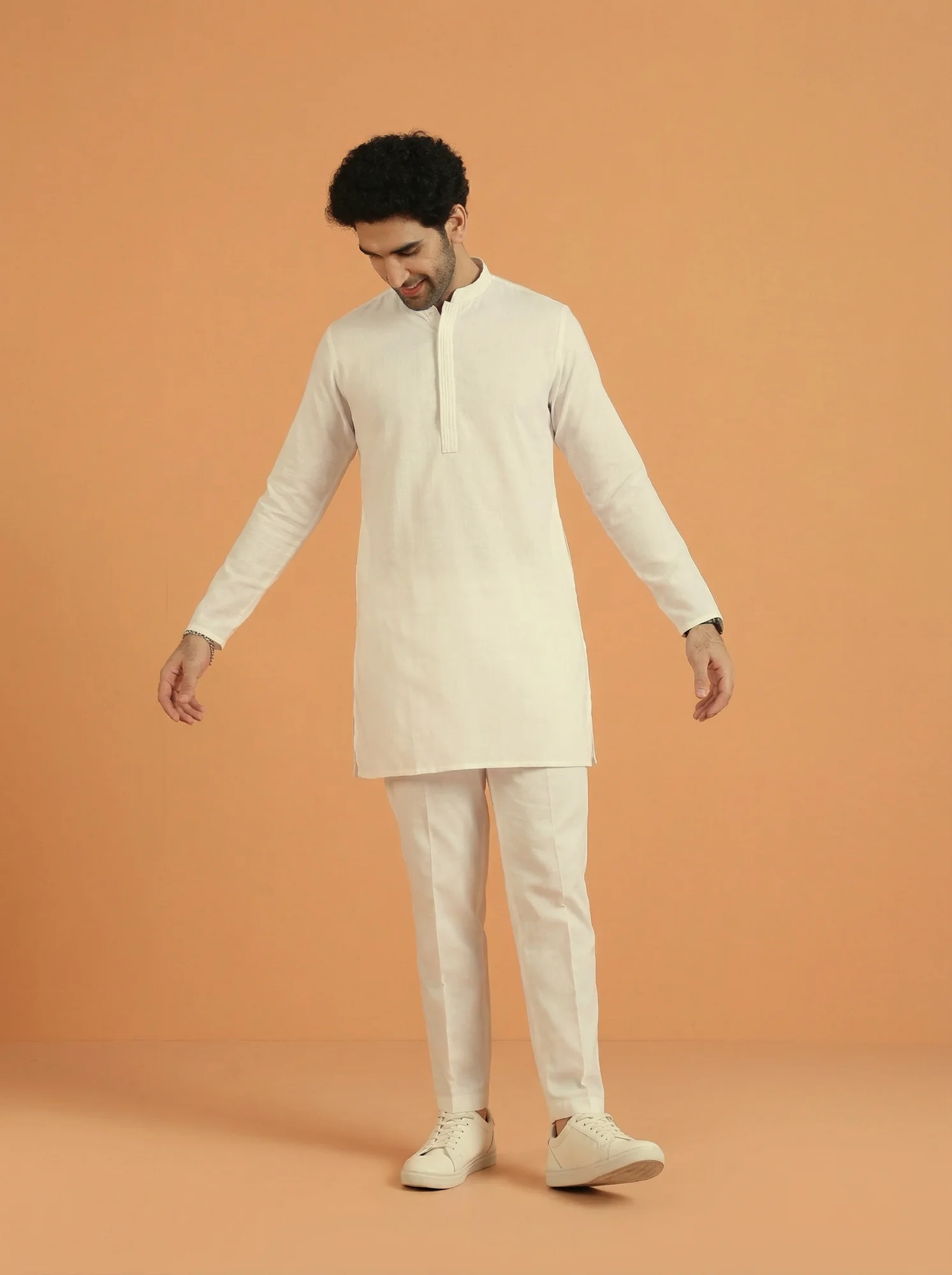 Off White Poly Viscose Solid Mid Kurta Trouser Set