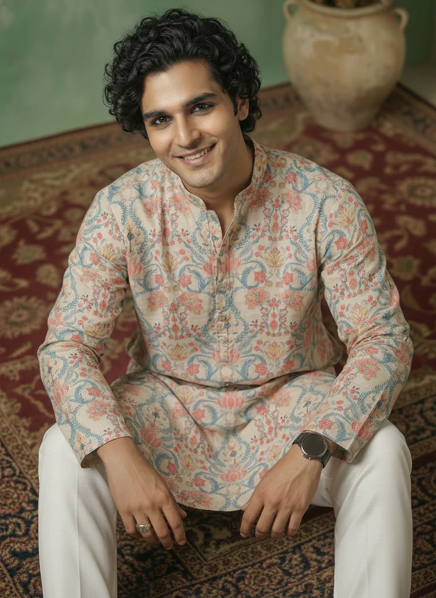 Off White Polyviscose Floral Printed Kurta With Zip