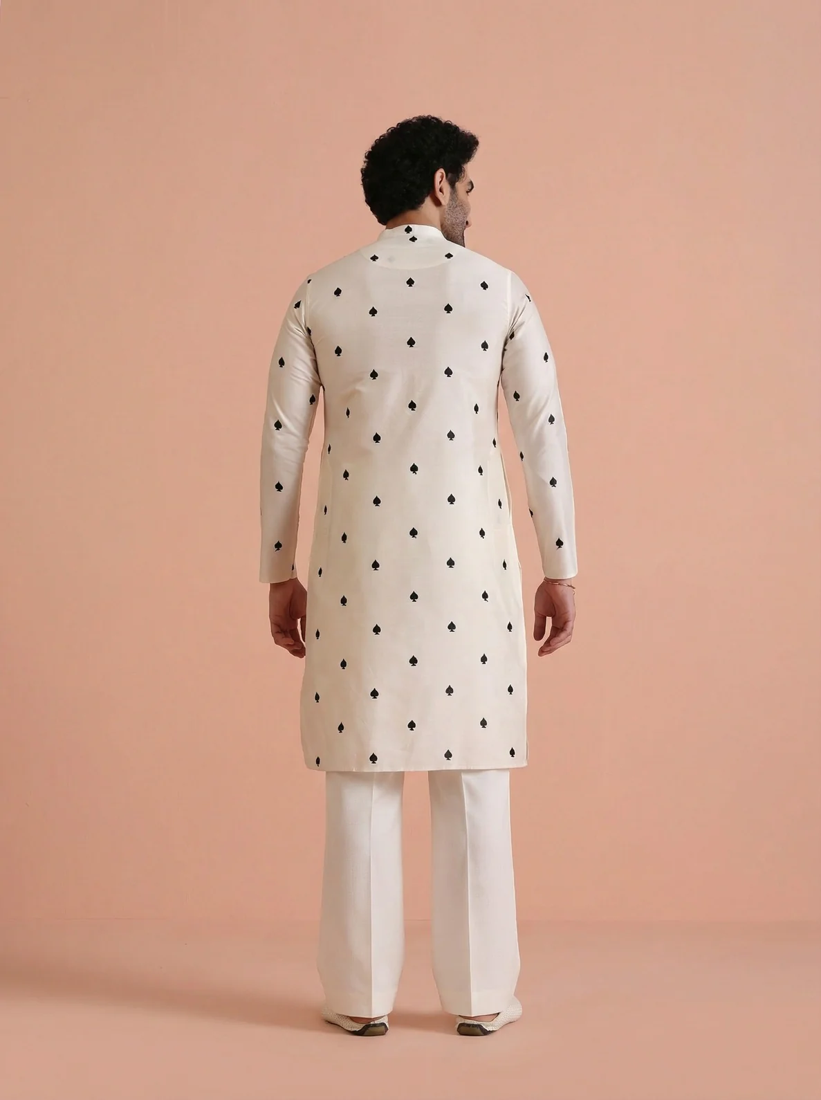 Off-White Silk Blend Embroidered Kurta Wide Leg Trouser Set - Image 3