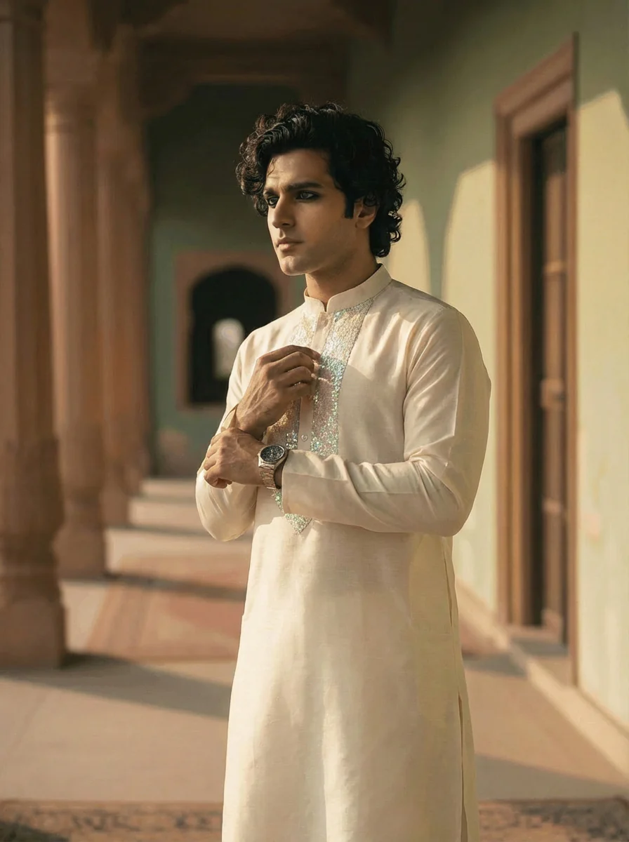 Off White Silk Blend Embroidered Long Kurta