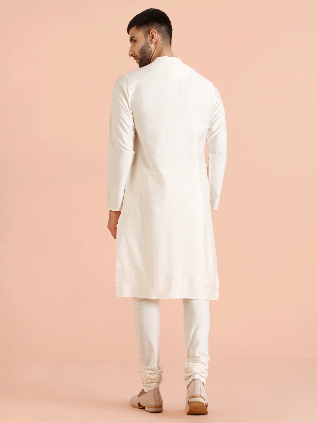 Off White Silk Blend Embroidered Long Kurta - Image 4