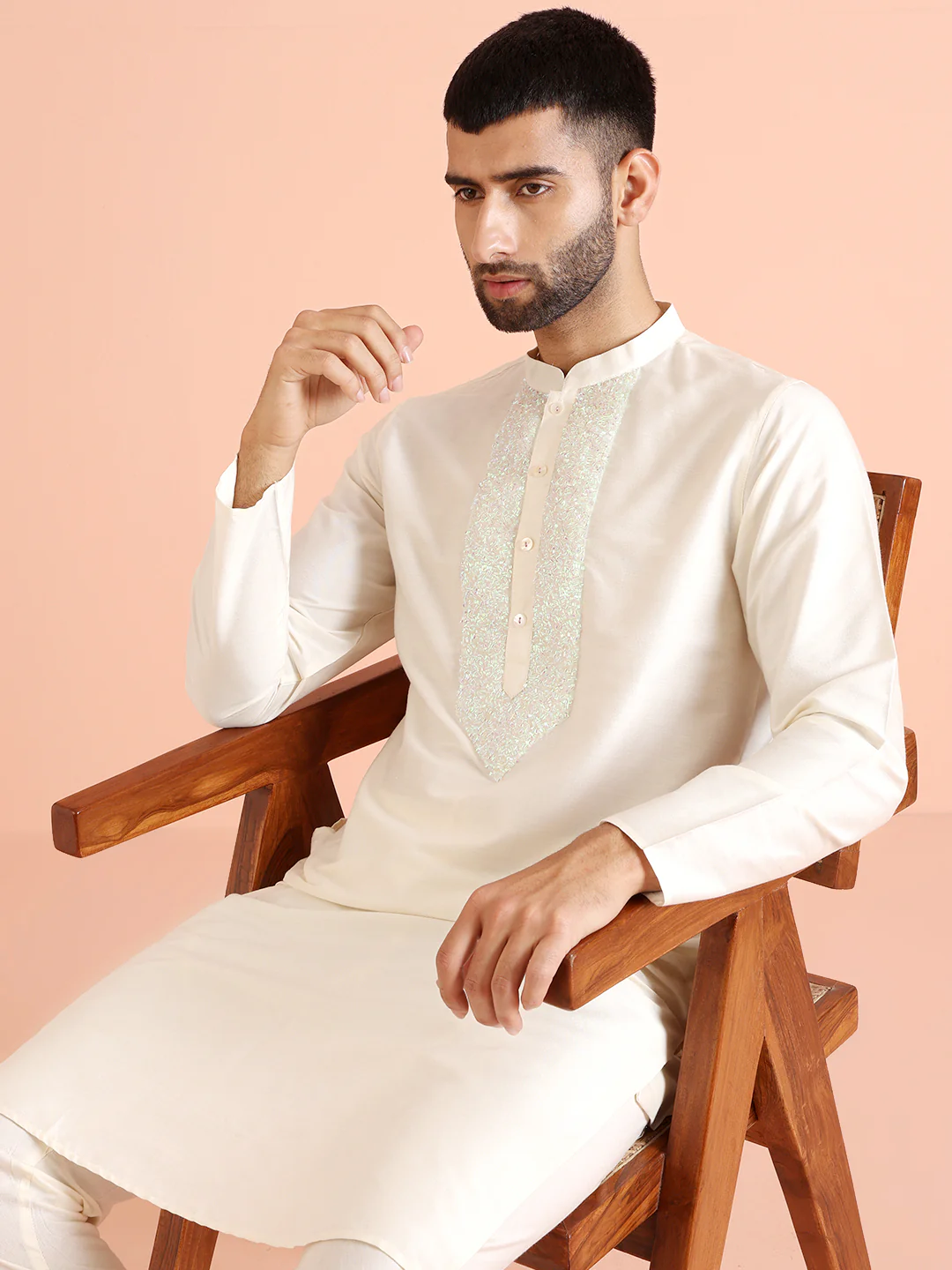 Off White Silk Blend Embroidered Long Kurta - Image 6